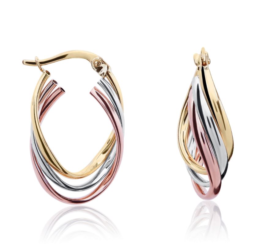 9ct 3 Colour Gold 3 Row Wavy Oval Hoop Earrings