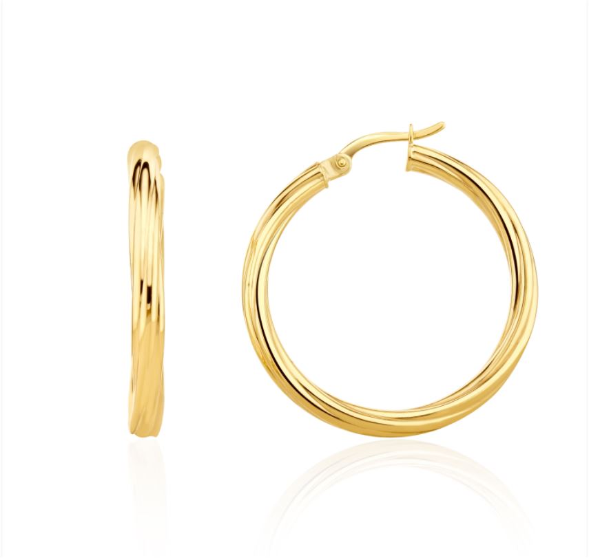 9ct Yellow Gold 3mm Twist Hoop Earrings. 31mm Outer Diameter