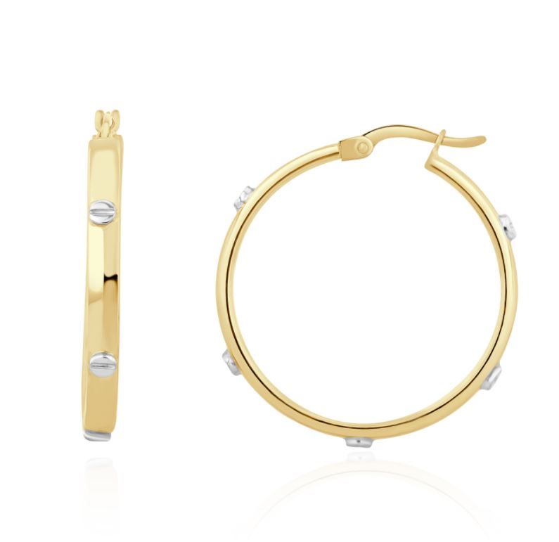 9ct yellow gold Square Profile Hoop Earrings With white gold Screw Motifs. 28mm Oute