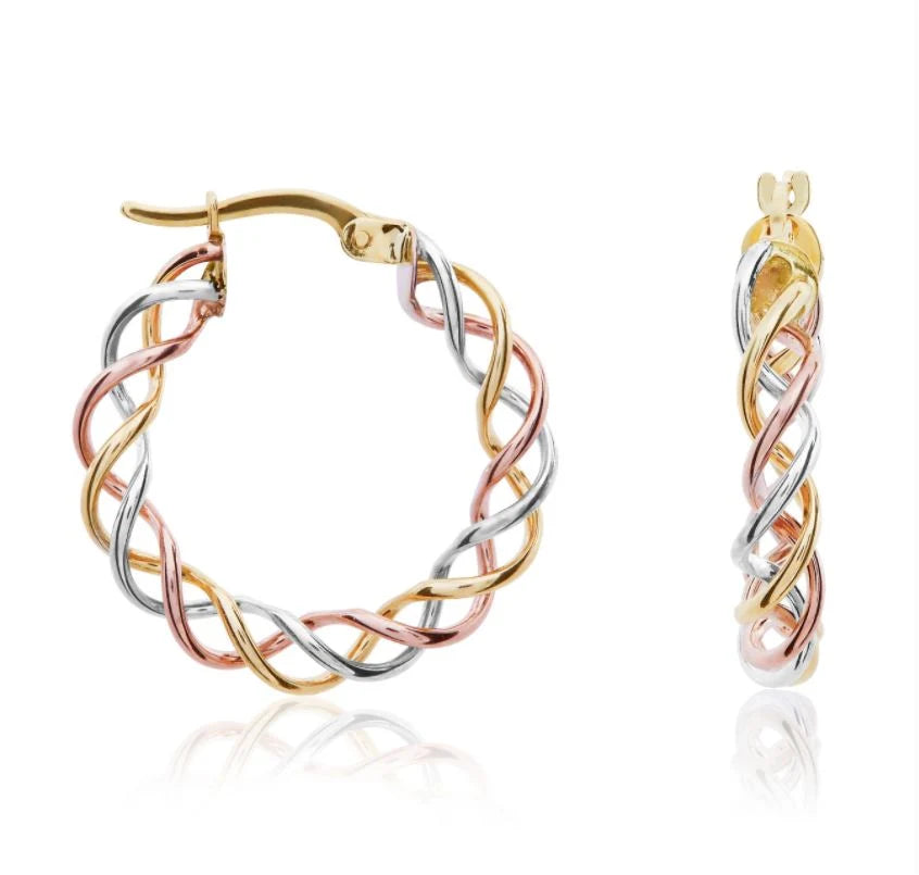 Three Tone 9ct Gold Wire Twist Hoop Earrings
