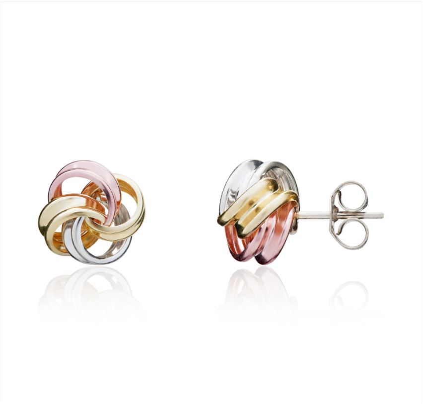 9ct Yellow, White And Rose Gold Ribbon Loops Knot Stud Earrings