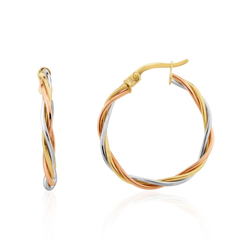 9ct Yellow, White And Rose Gold Thin Wire Russian Hoop Earrings. 25
