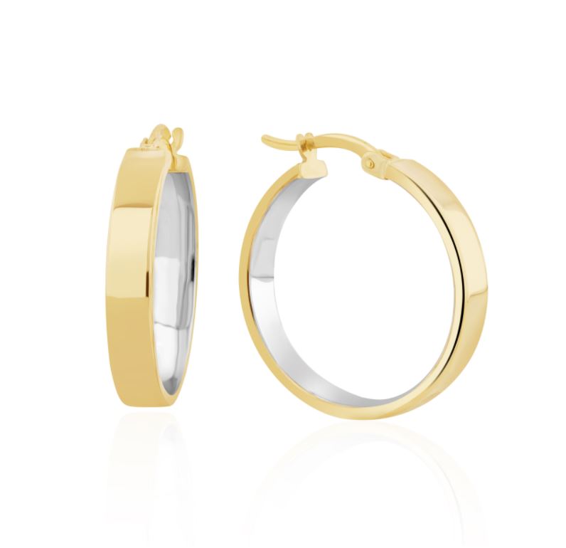 9ct yellow gold Flat 4mm Wide Hoop Earrings With white gold Inner