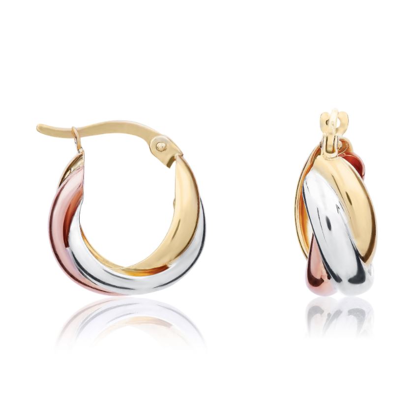 9ct 3 Colour Gold Russian Wedding Ring Style Hoop Earrings
