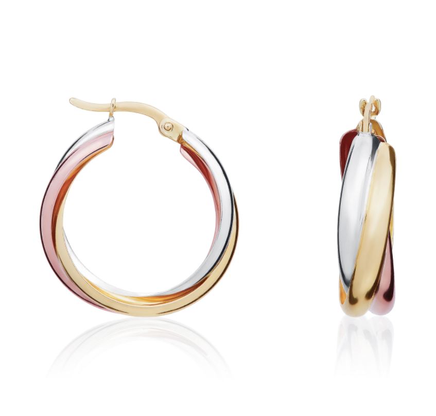 9ct 3 Colour Gold Russian Wedding Ring Style Hoop Earrings