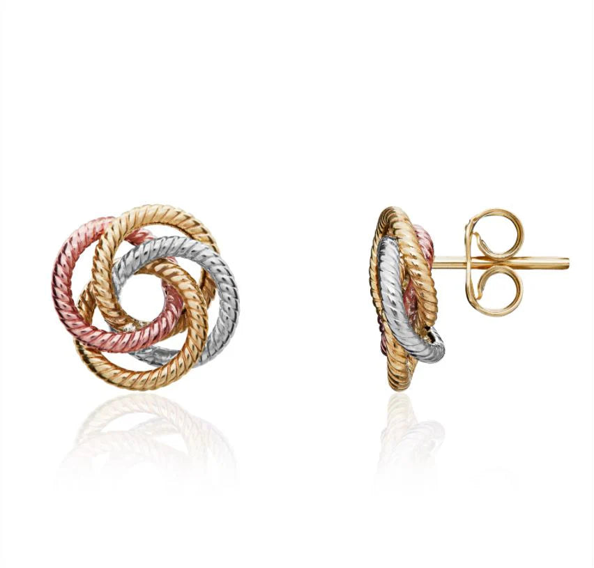 9ct 3 Colour Gold Ribbed Wire Knot Earrings