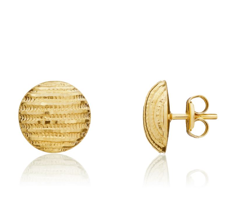 9ct Yellow Gold Diamond Cut Striped 10mm Domed Stud Earrings