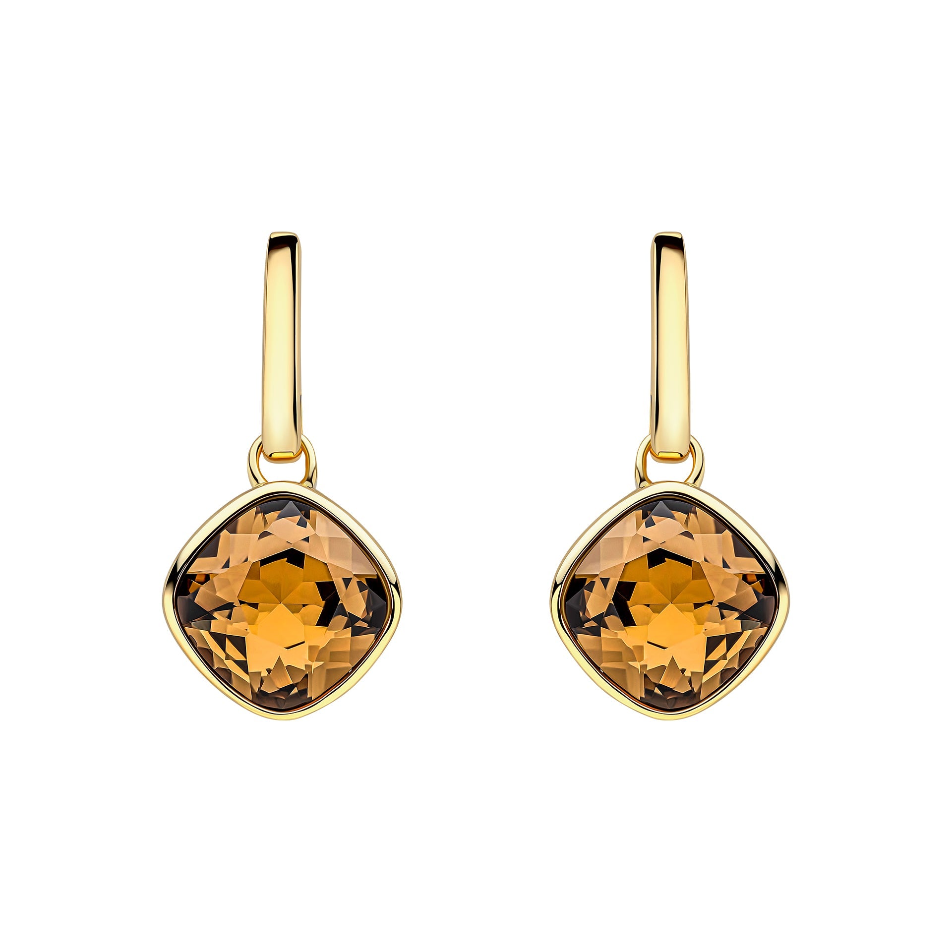 Cushion cut Preciosa Smoked Topaz with Yellow Gold Plating Dangling Stud Earrings