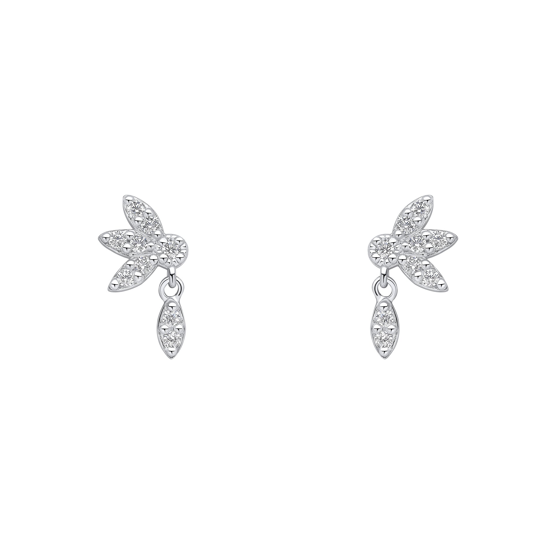 Cubic Zirconia stud with rhodium plating floral motif with dangling petal