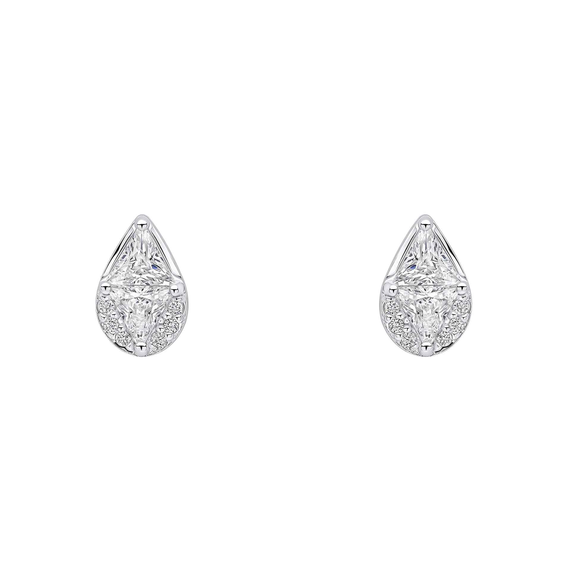 Cubic Zirconia stud with rhodium plating drop shape with pave and triangular stones