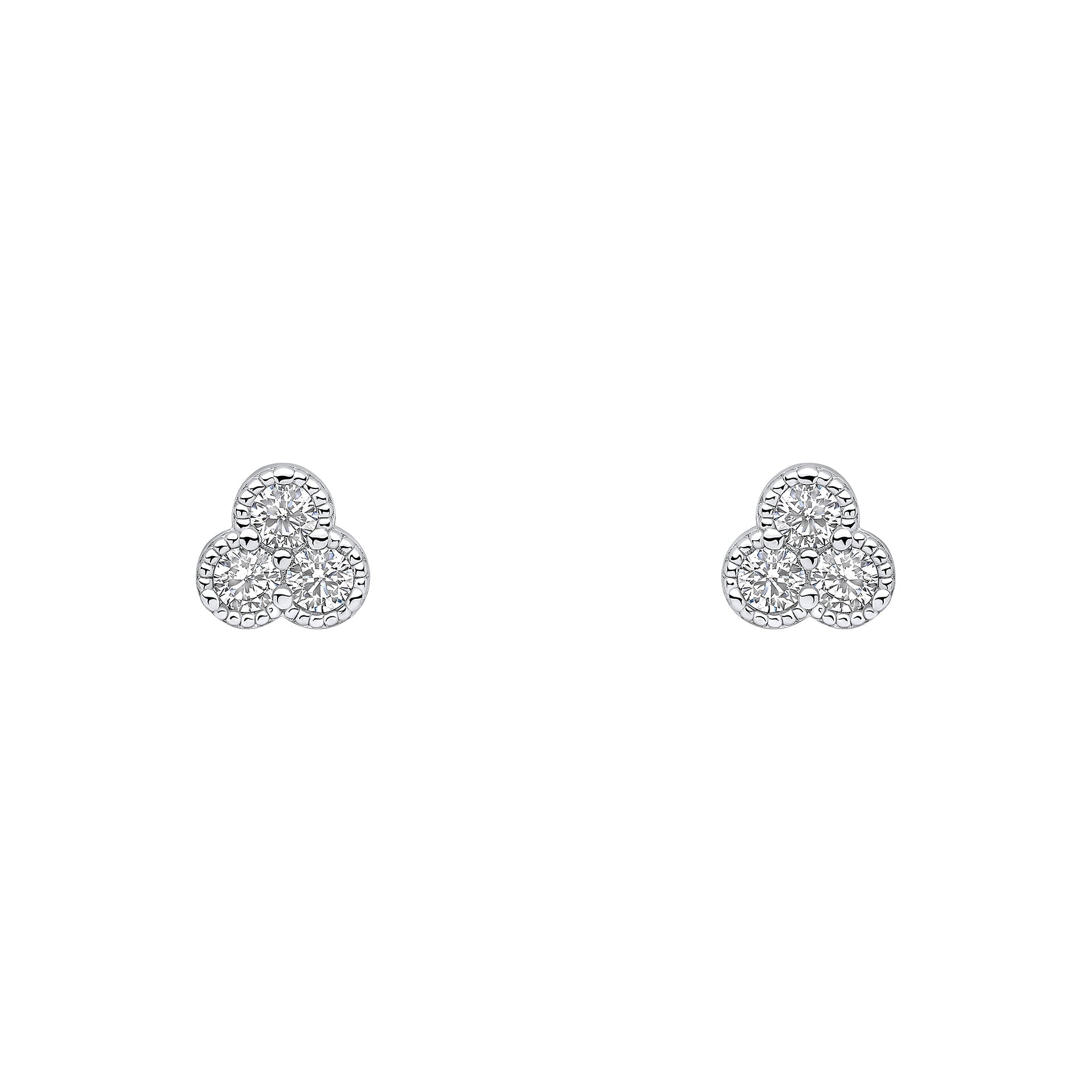 Cubic Zirconia stud with rhodium plating three stones with stippling edges