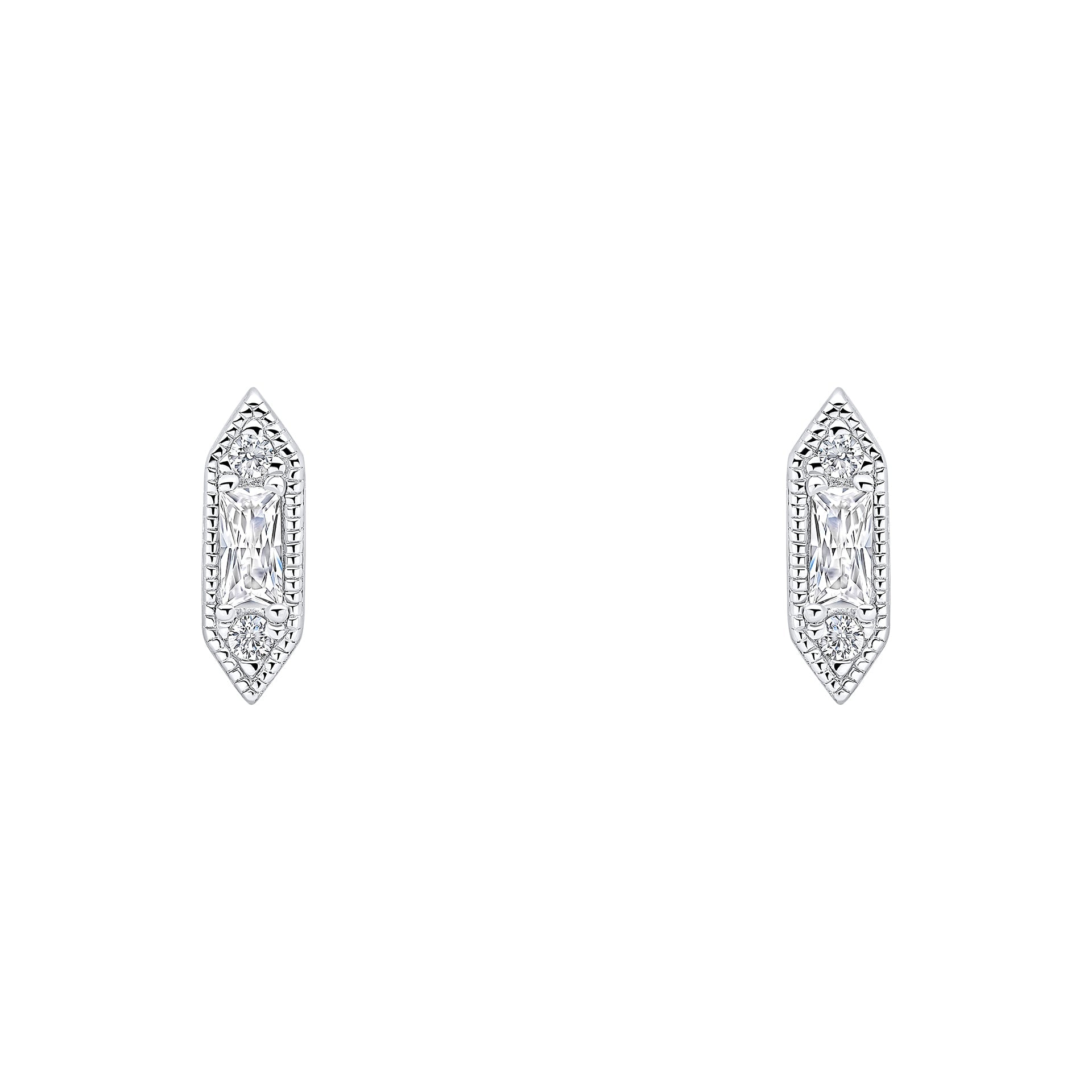 Cubic Zirconia stud with rhodium plating baguette and round with stippling edges