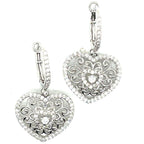 Tresor Paris Intricate Silver and White Stones Heart Drop Hoop Earrings