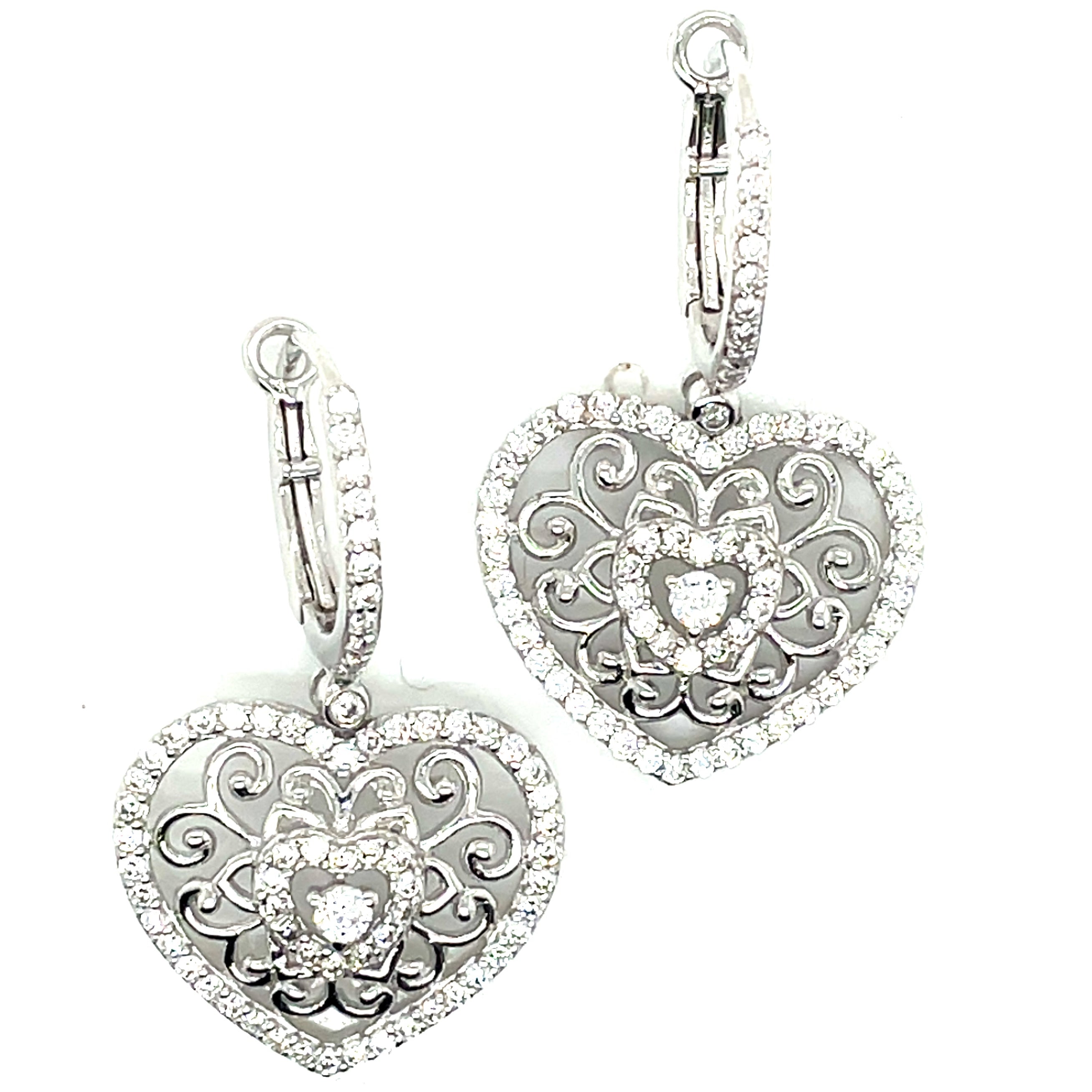 Tresor Paris Intricate Silver and White Stones Heart Drop Hoop Earrings