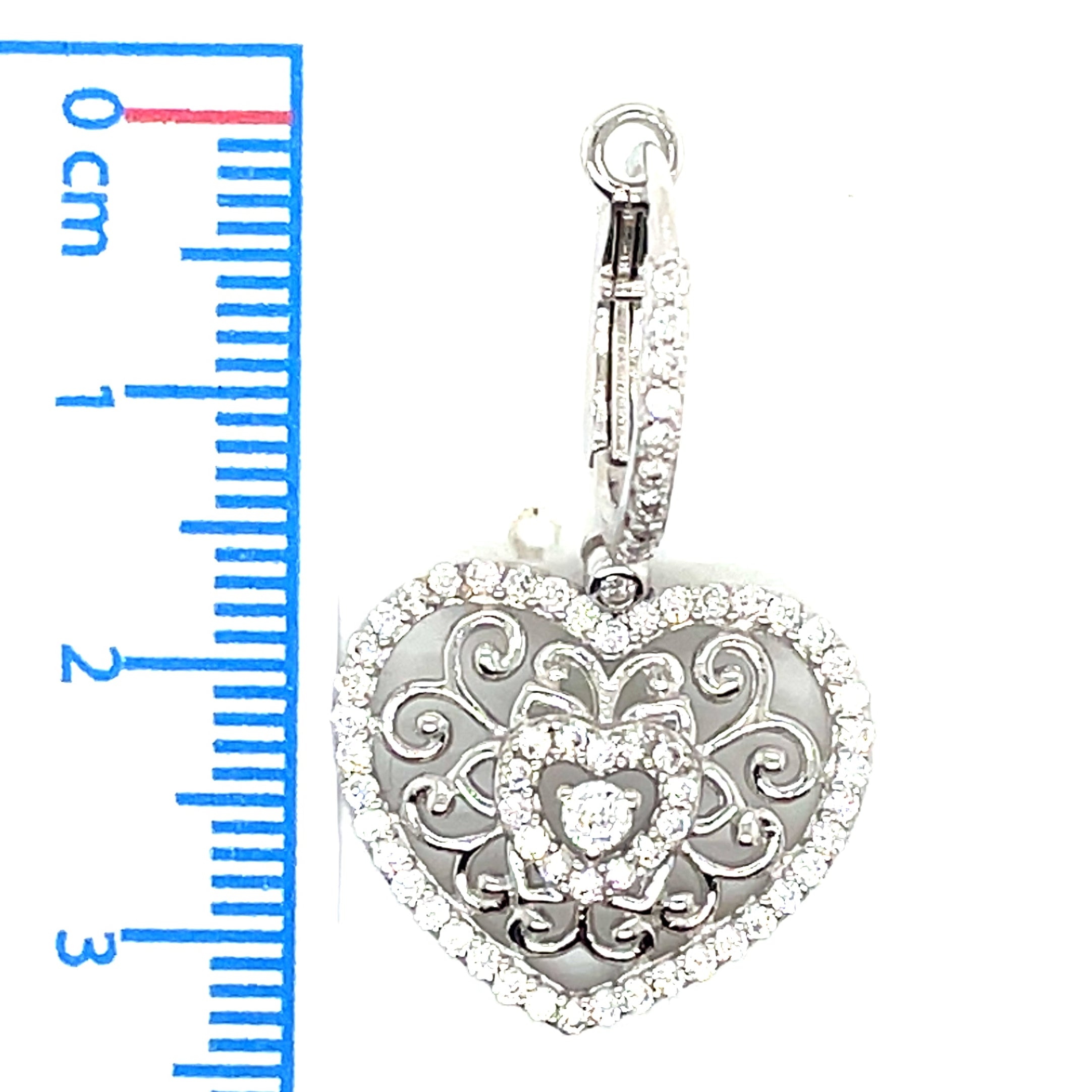 Tresor Paris Intricate Silver and White Stones Heart Drop Hoop Earrings