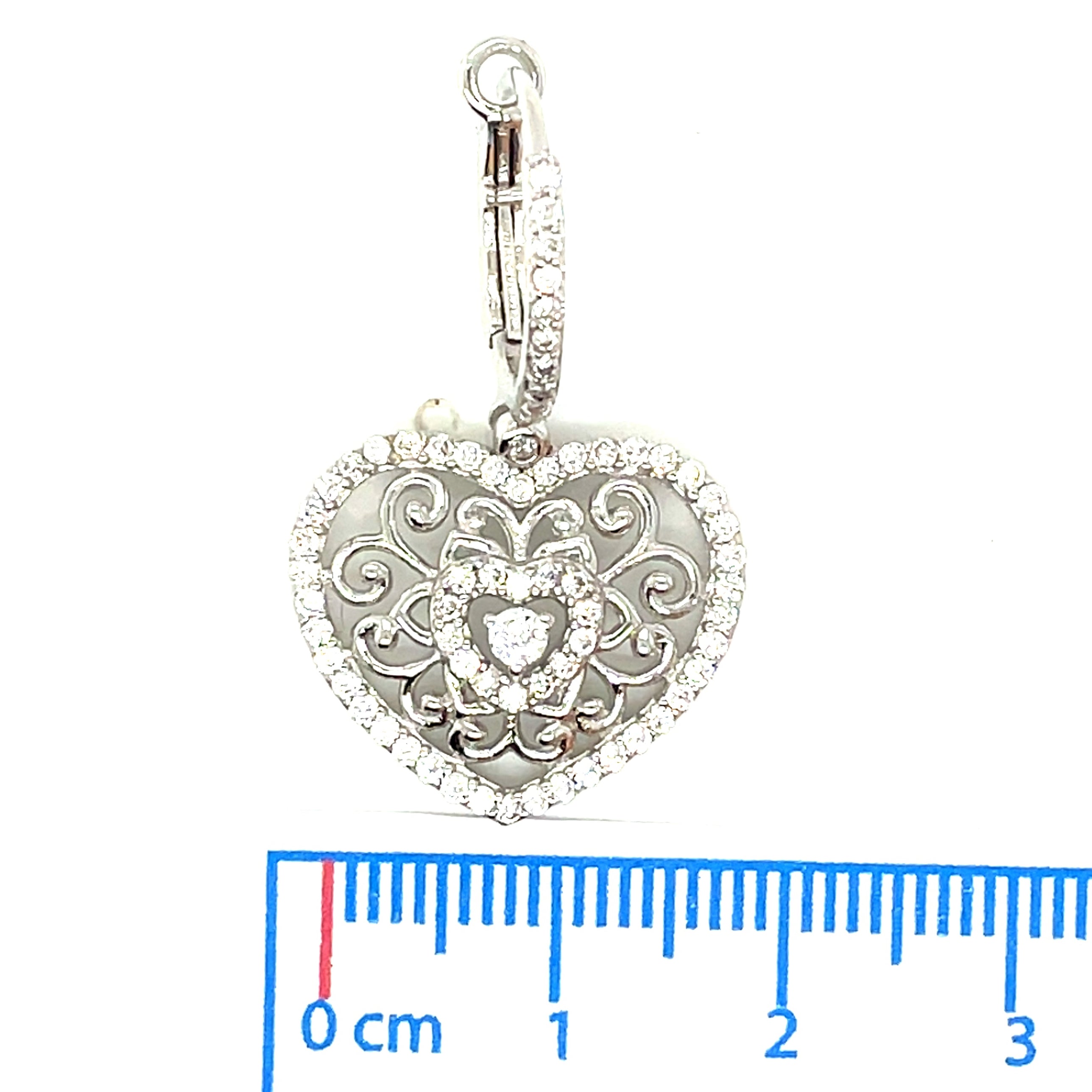 Tresor Paris Intricate Silver and White Stones Heart Drop Hoop Earrings