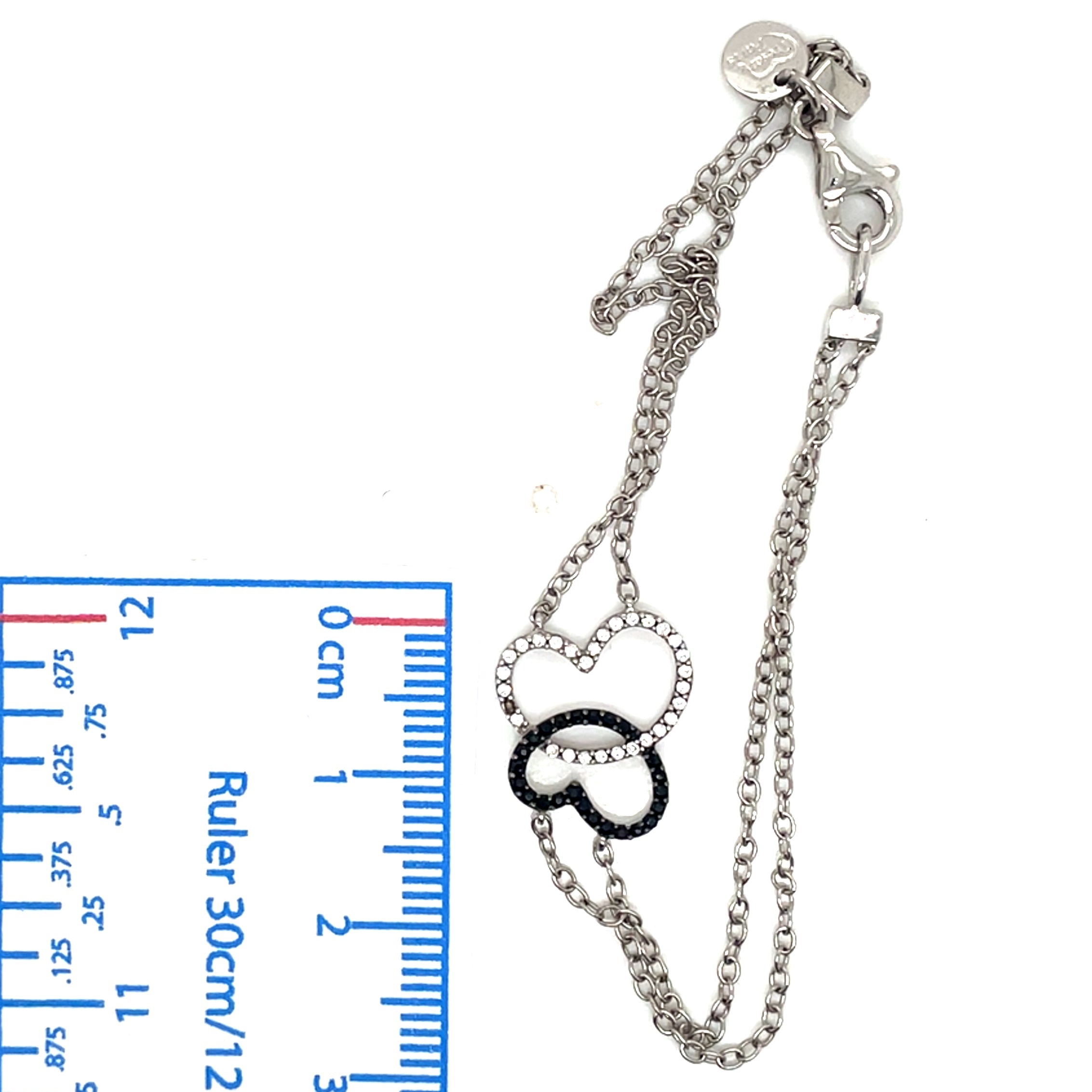 Tresor Paris Silver Interlinked White and Black Stone Hearts Double Chain Bracelet