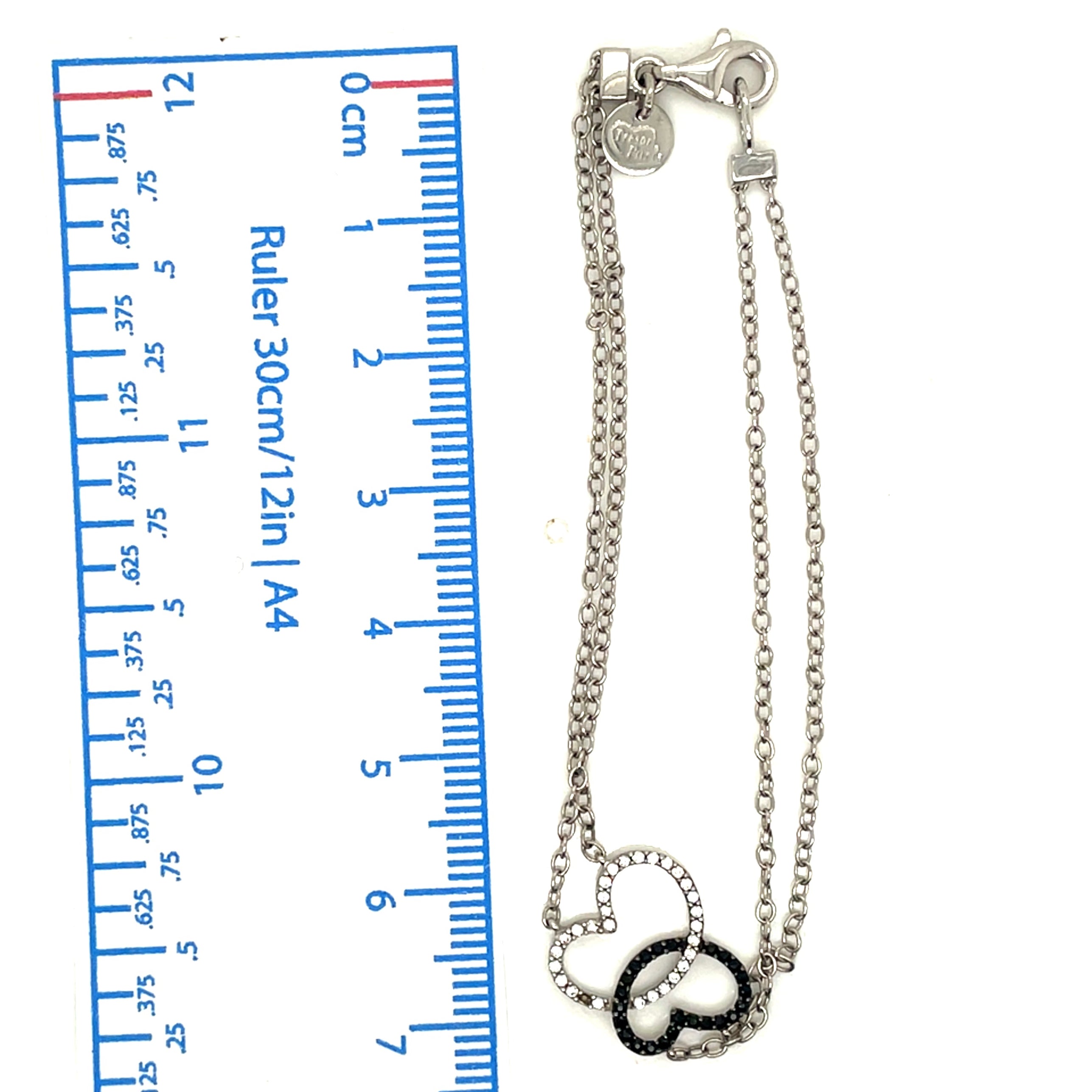 Tresor Paris Silver Interlinked White and Black Stone Hearts Double Chain Bracelet