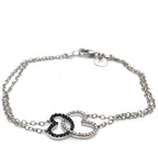 Tresor Paris Silver Interlinked White and Black Stone Hearts Double Chain Bracelet