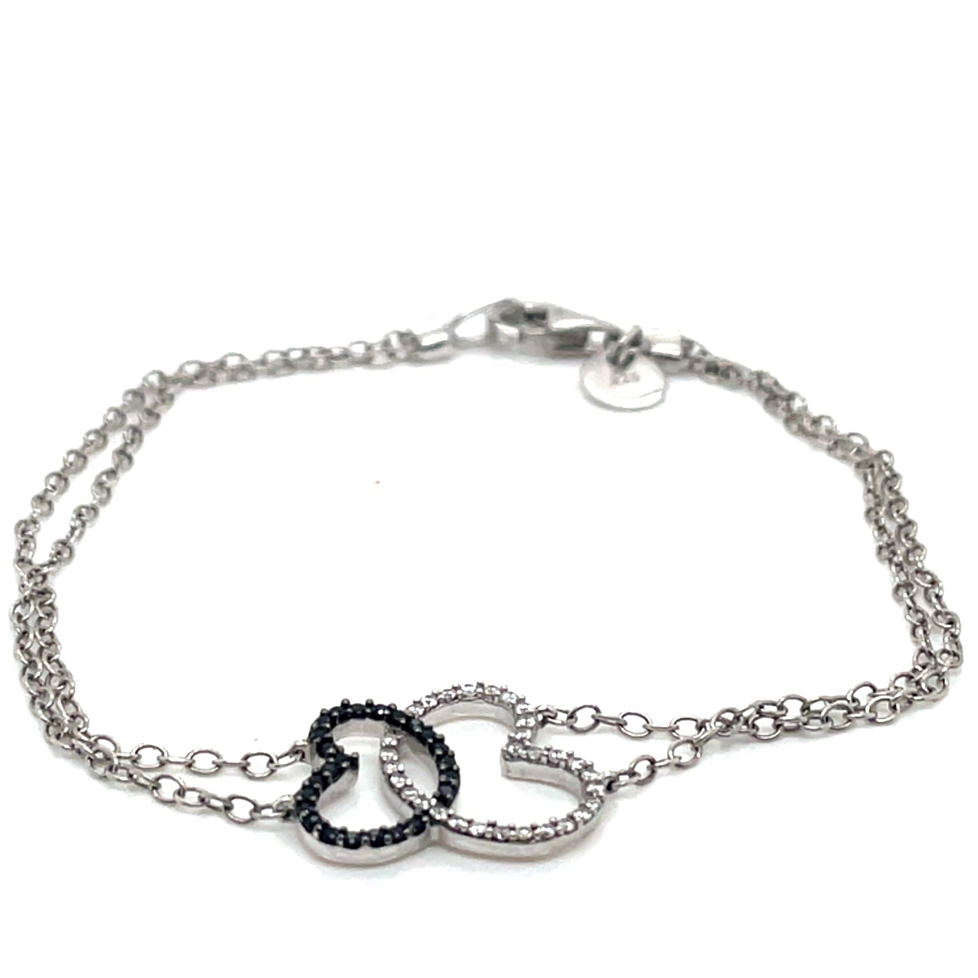 Tresor Paris Silver Interlinked White and Black Stone Hearts Double Chain Bracelet