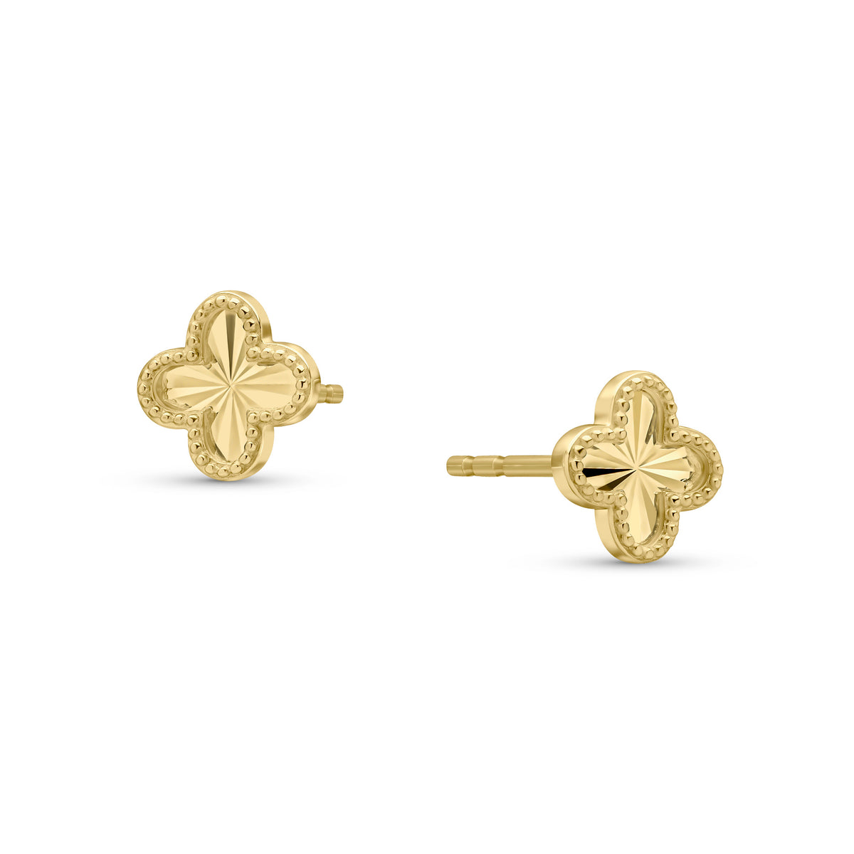 9ct Yellow Gold Diamond Cut Beaded Edge Clover Stud Earrings