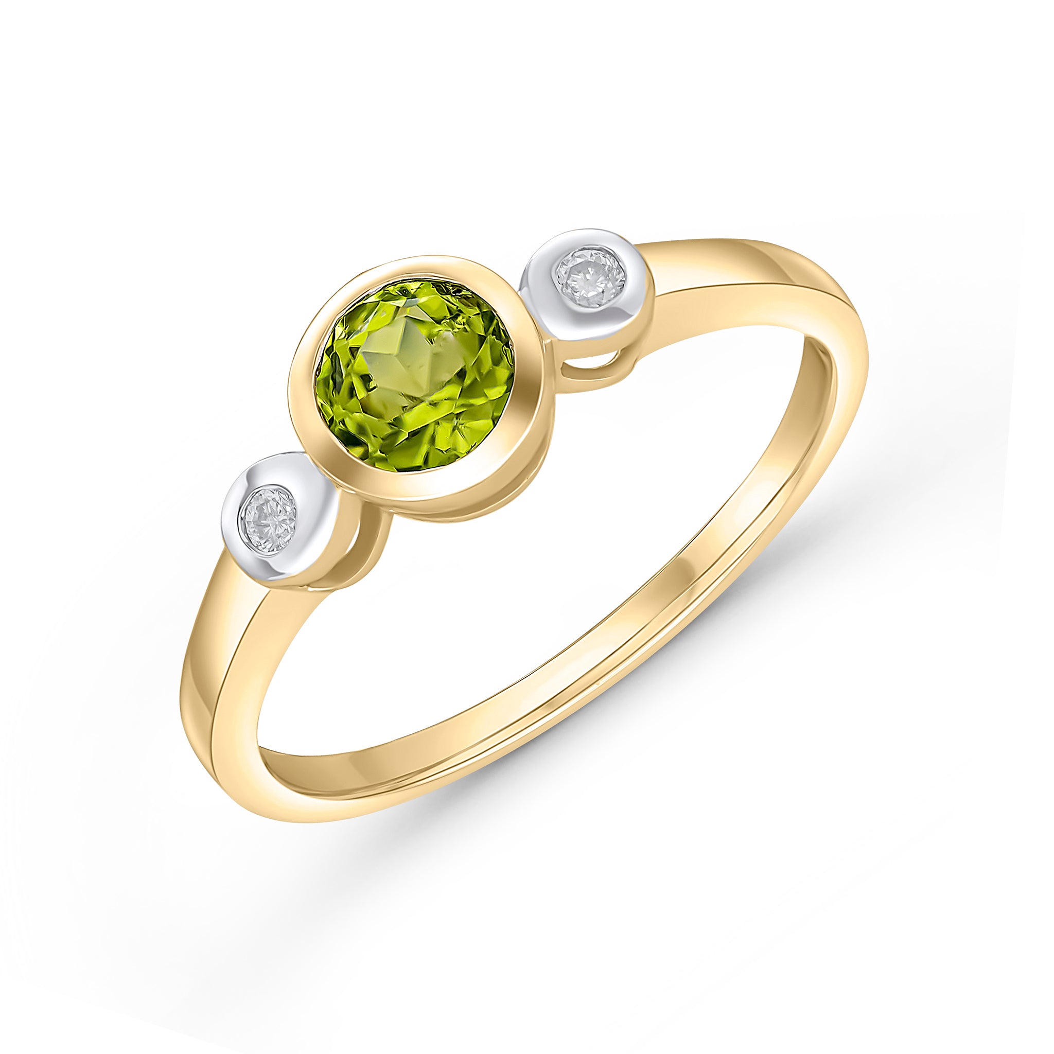 9CT YG 5MM ROUND PERIDOT AND DIAMOND RUBOVER 3ST RING. RHODIUM TO DIAMONDS 1