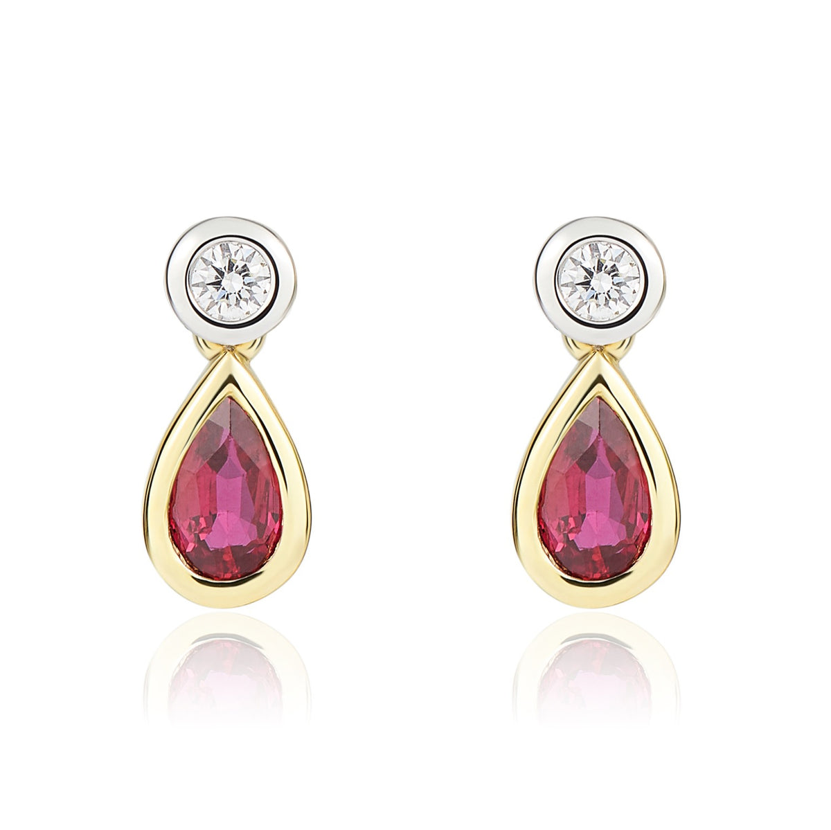 18ct Ywg Pear Shape Ruby and Round Diamond 2 Stone Rubover Drop Earrings