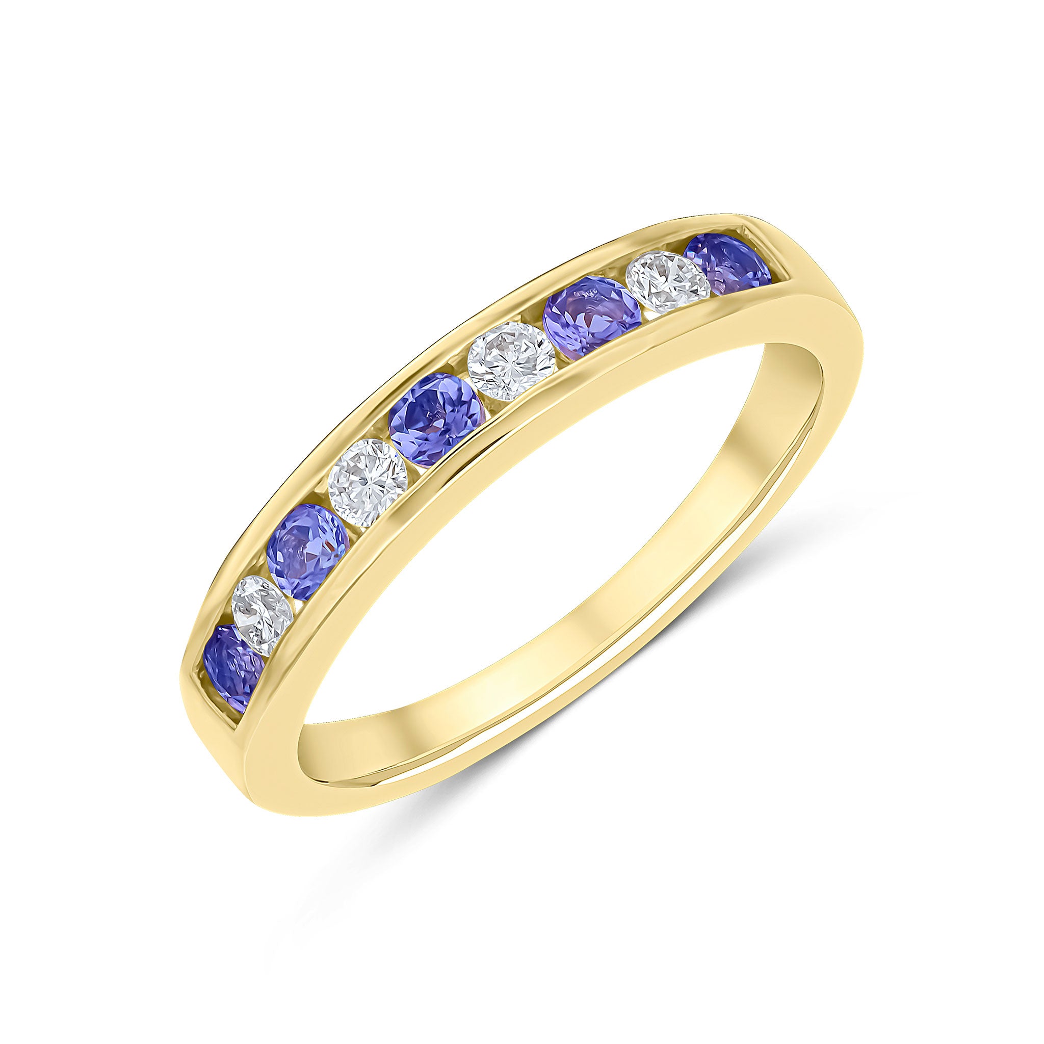 9ct Yellow Gold Round Tanzanite and Diamond 9 Stone Channel Set Half Eternity Ring