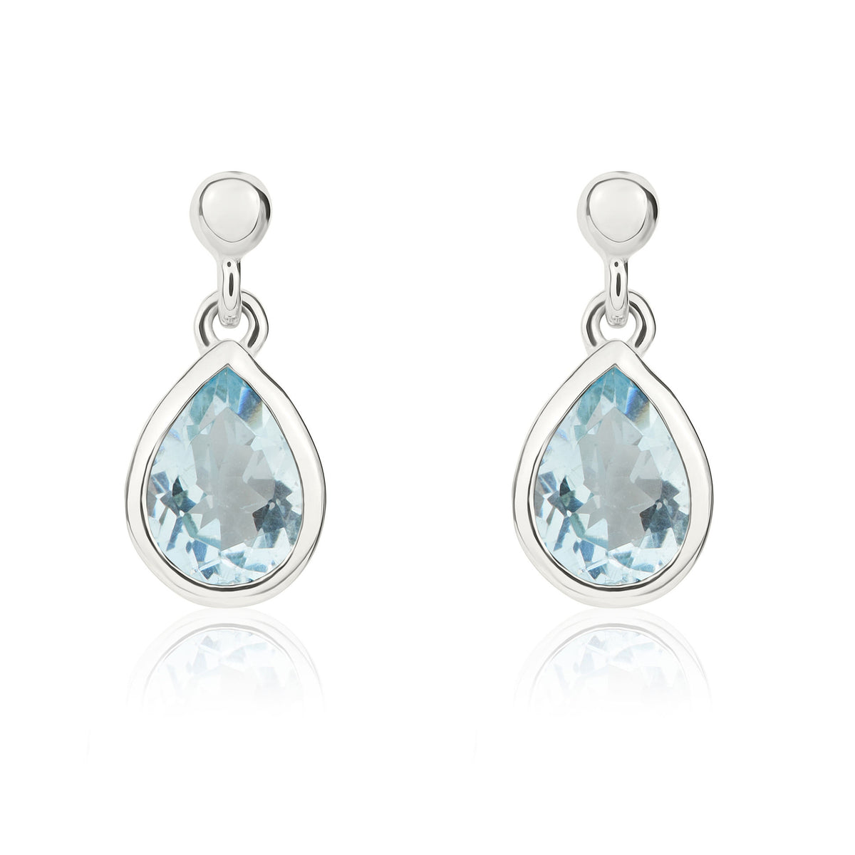 9ct White Gold 6x4mm Pear Shape Aquamarine Rubover Drop Earrings with 2.5mm Bead Top