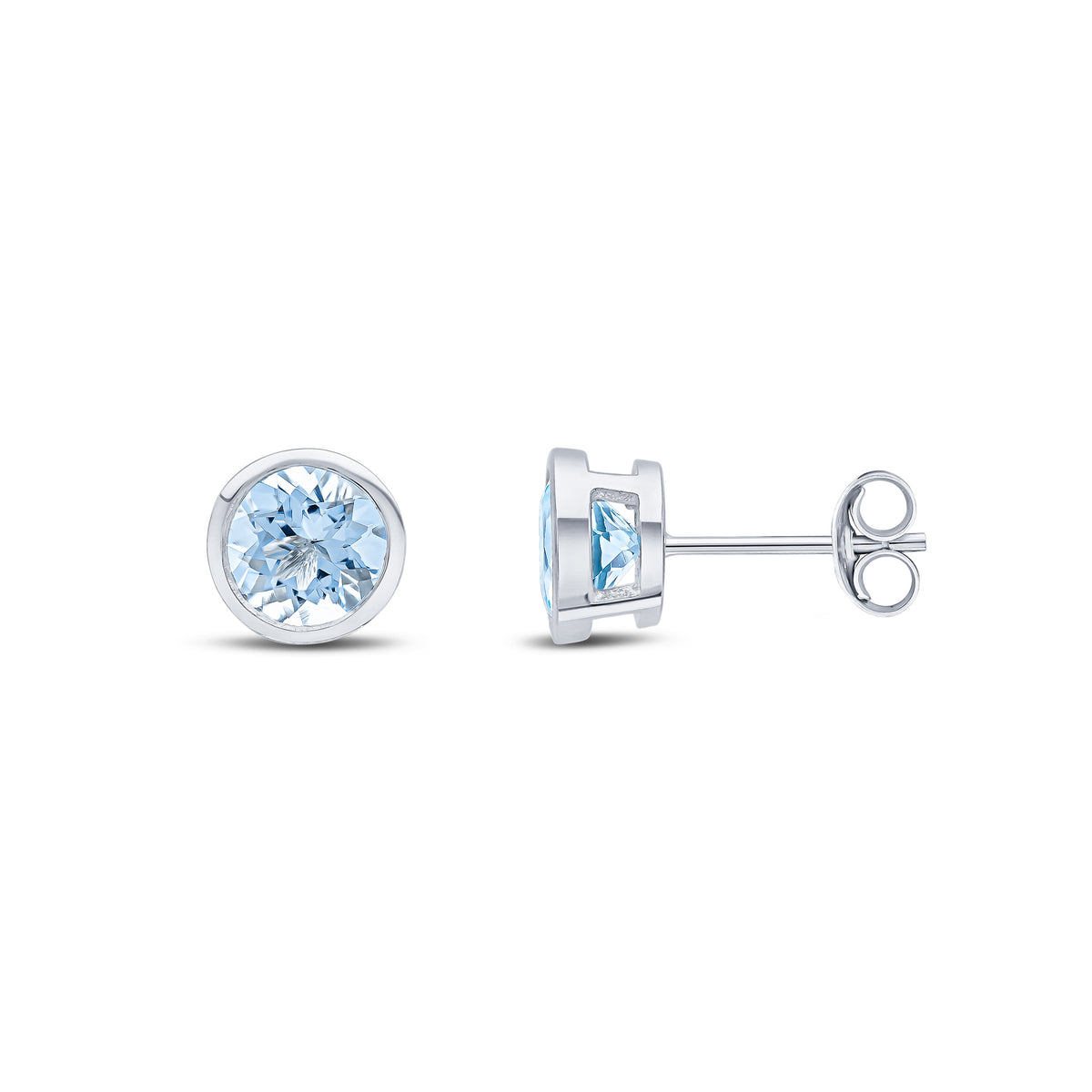 9ct White Gold 6mm Round Aquamarine Rubover Earrings