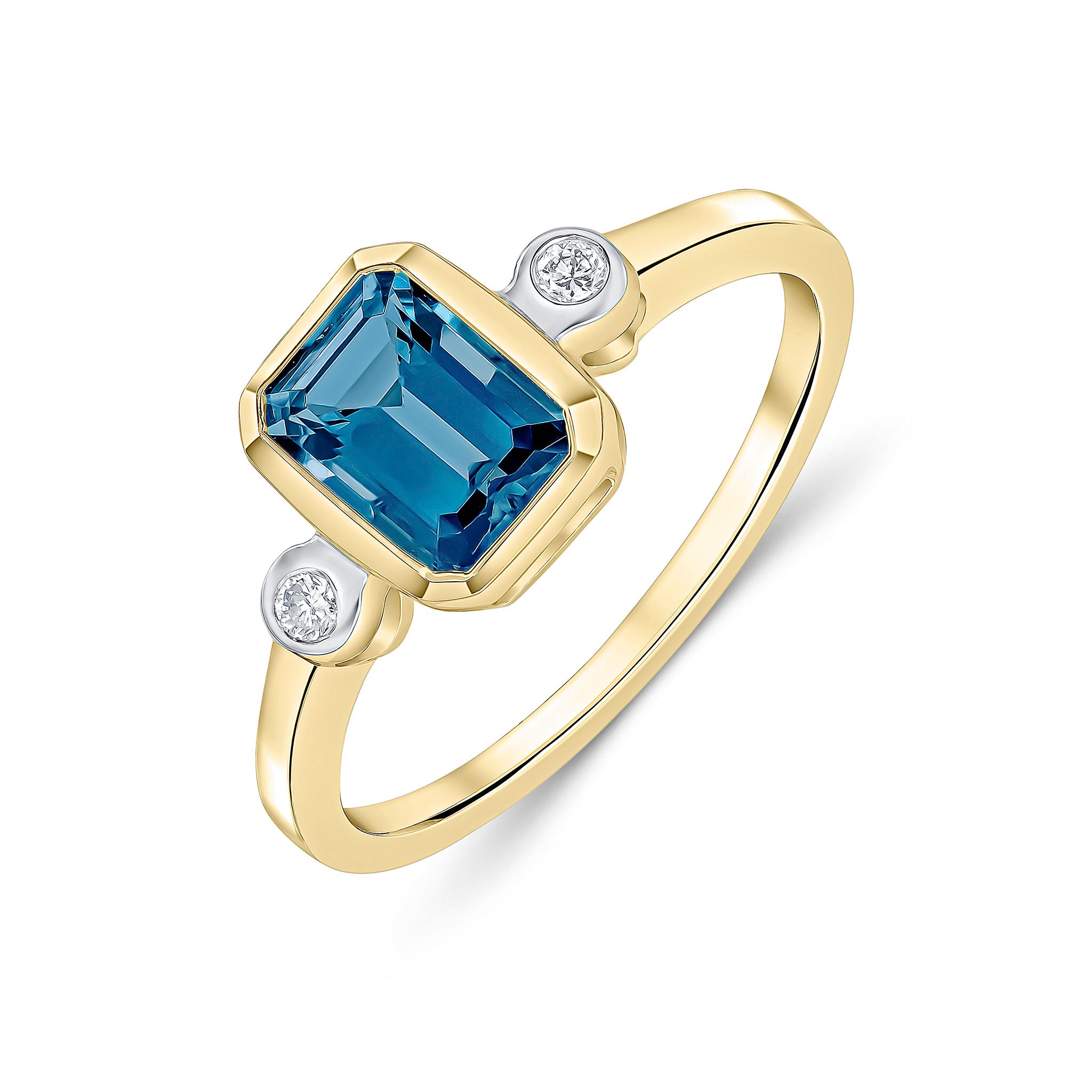 9CT YG 7X5 OCTAGON LONDON BLUE TOPAZ & ROUND DIAMOND 3ST RUBOVER RING. RHODIUM TO DIAMONDS 1