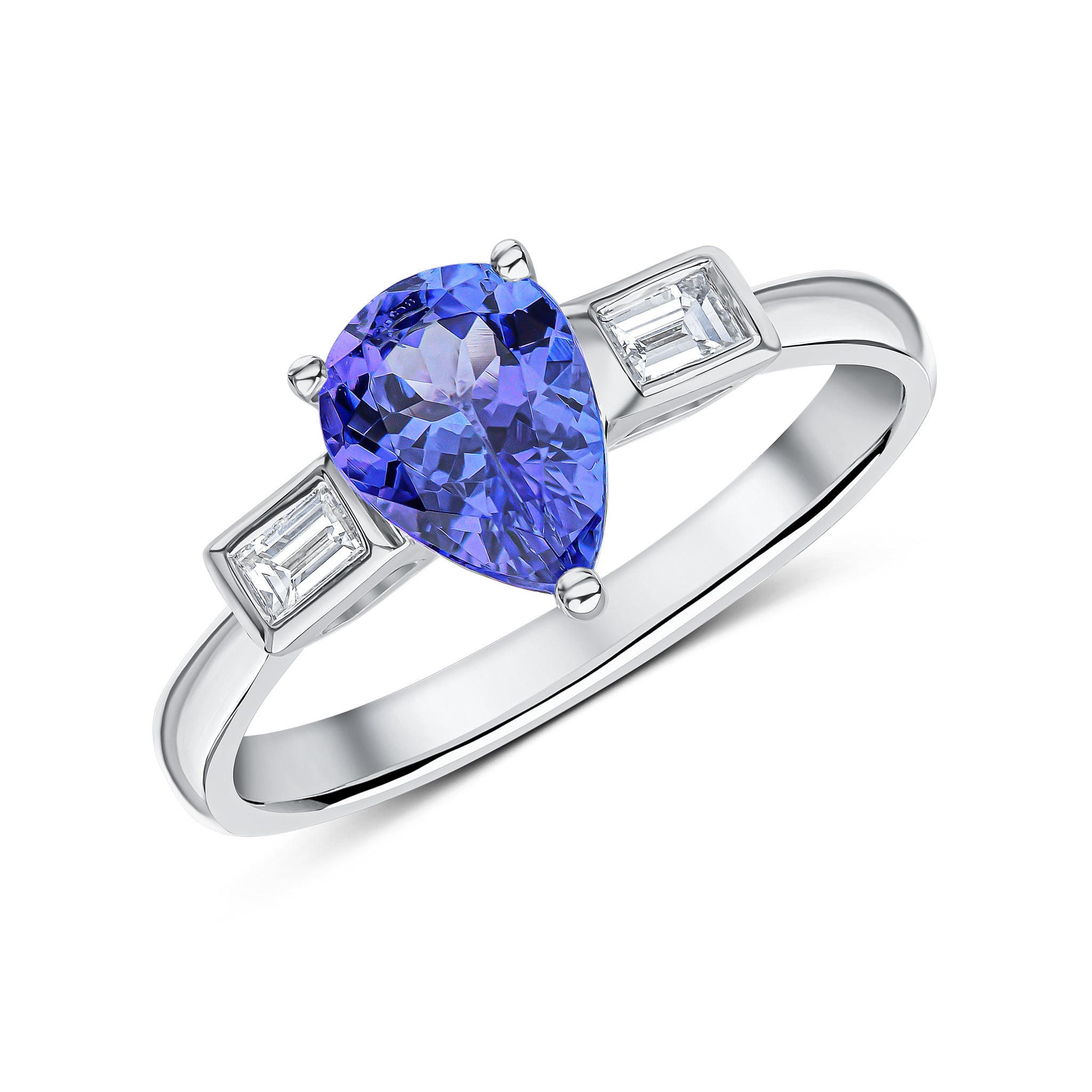 18ct White Gold Claw Set 8x6 Pear Shape Tanzanite & Rubover Baguette Diamond Ring