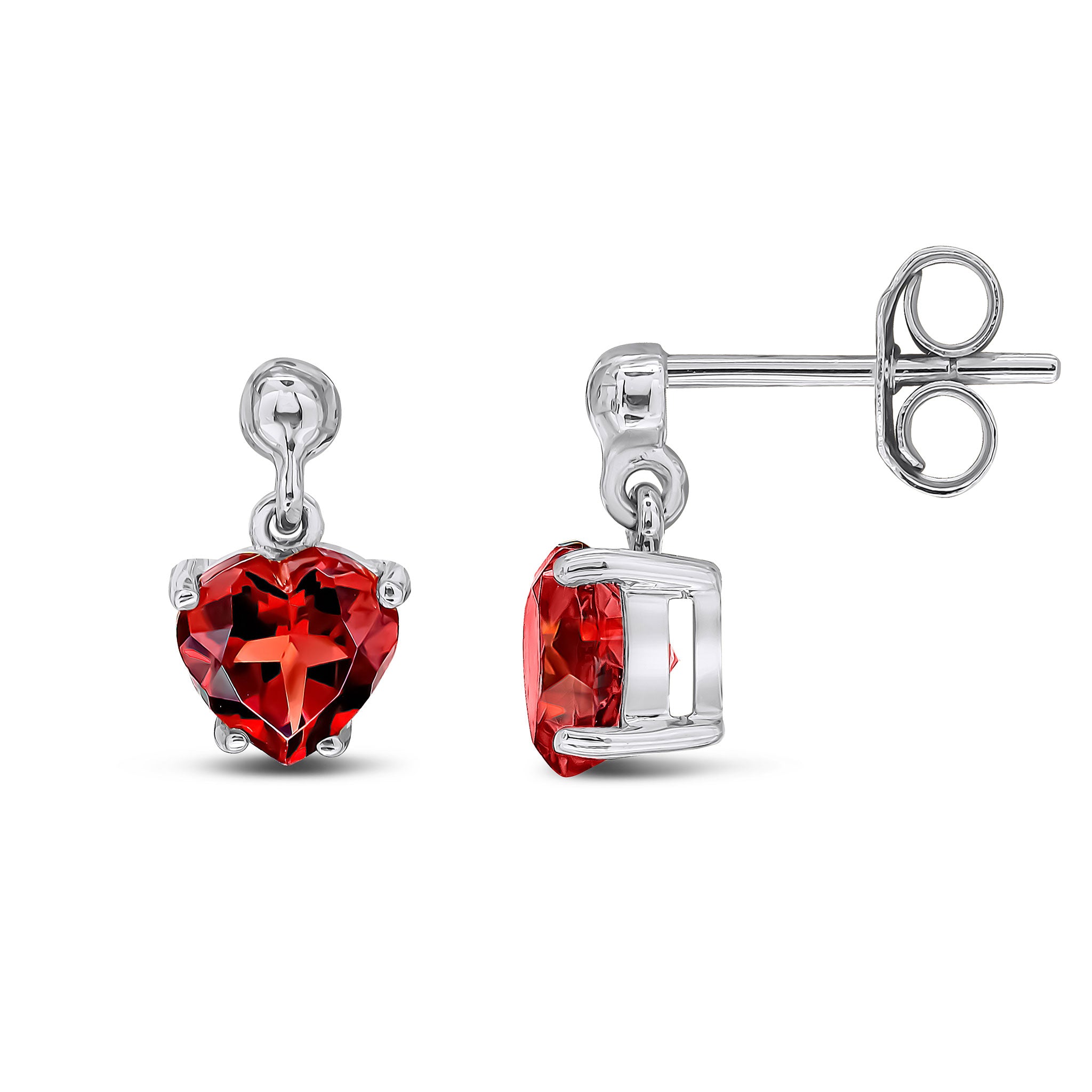 9ct White Gold 6mm Heart-Shape Garnet Claw Set Drop Earrings with 3mm Bead Top