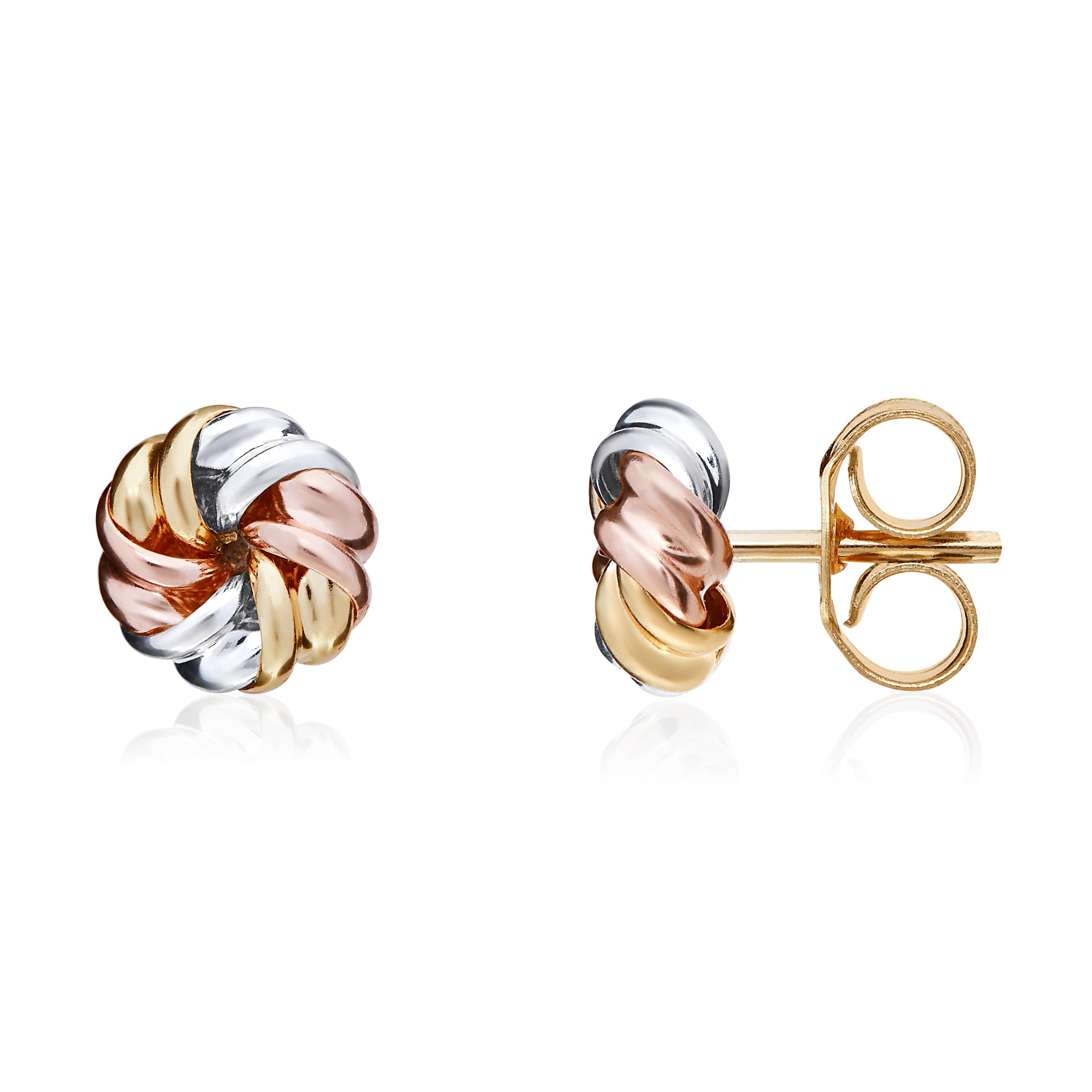 Three Tone 9ct Gold Fancy Swirl Stud Earrings