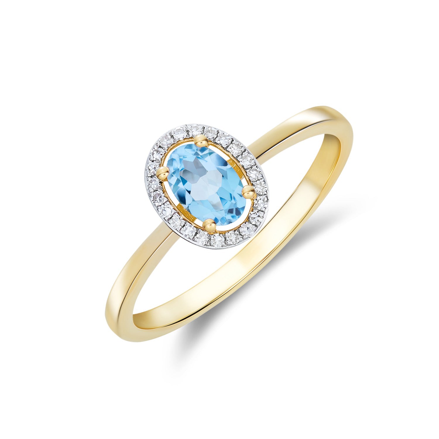 9ct Yellow Gold 6x4 Oval Swiss Blue Topaz and Round Diamond Halo Cluster Ring