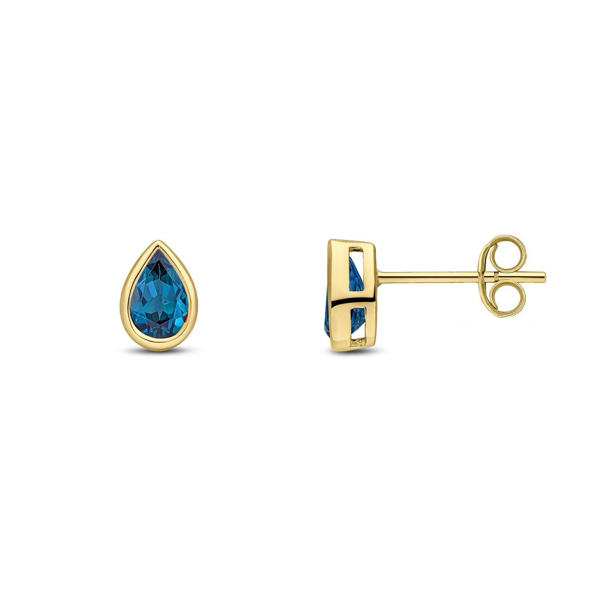 9ct Yellow Gold 6x4 Pear Shape London Blue Topaz Rubover Set Earrings