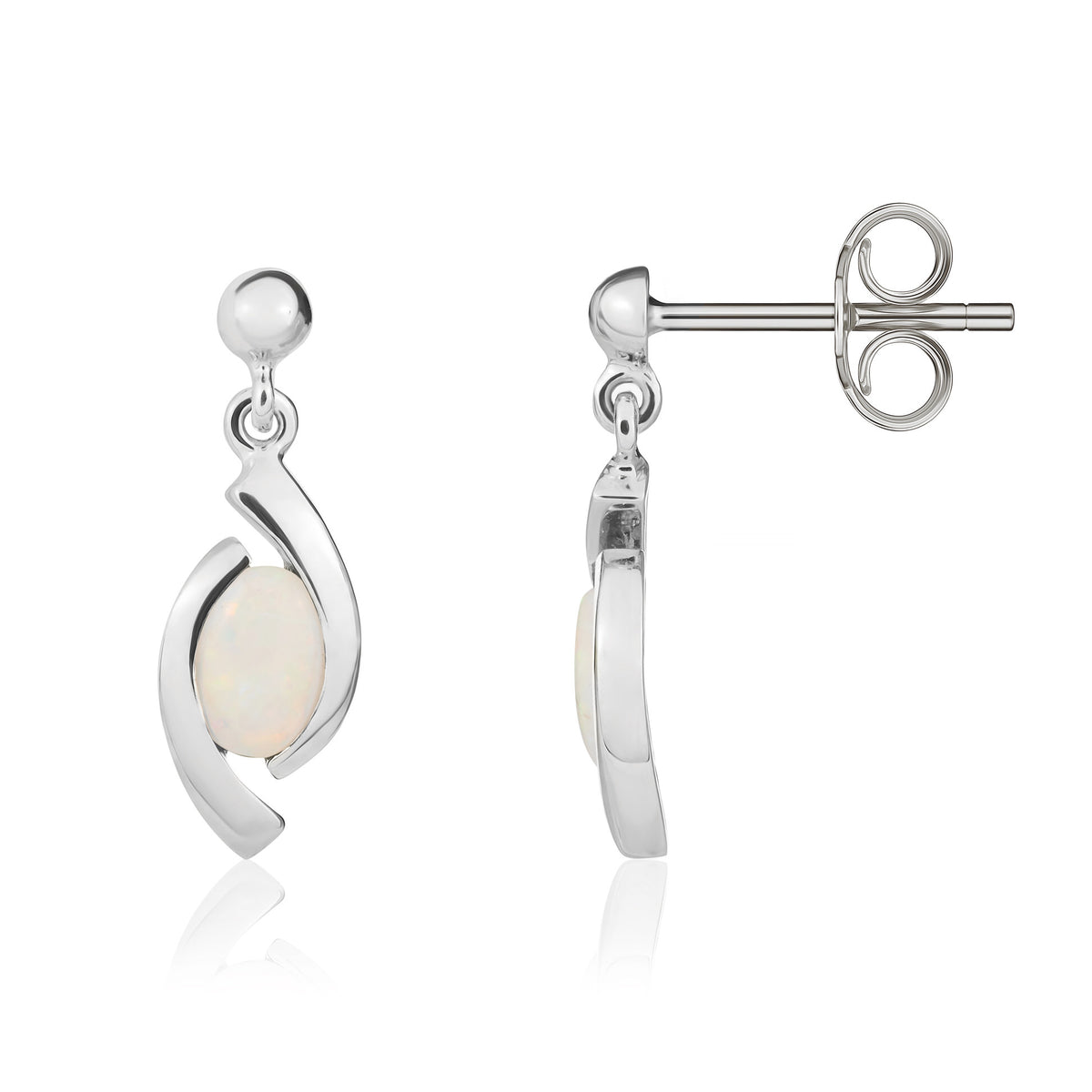 9ct White Gold Oval Opal 'eye' Drop Earrings with 3mm Bead Top