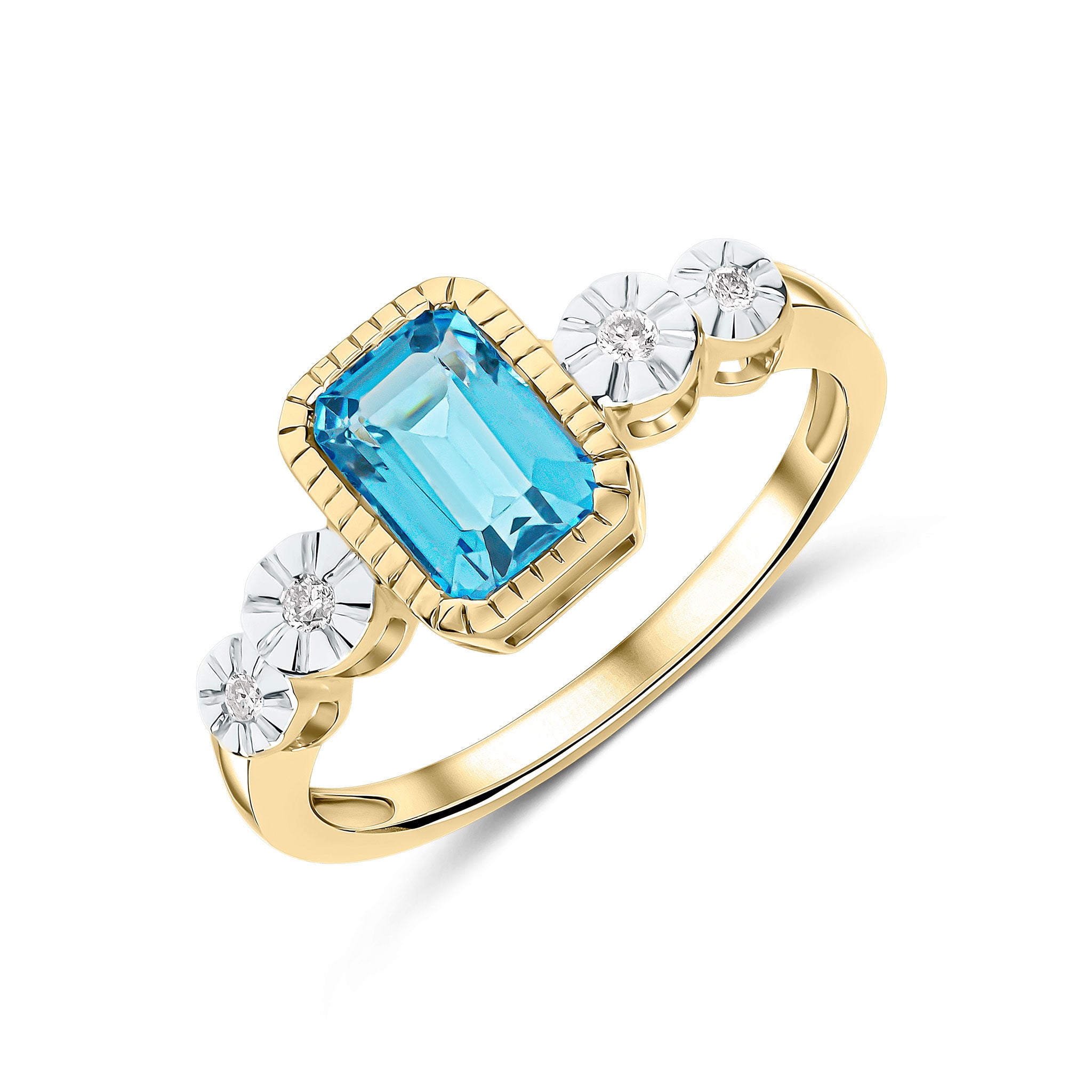 9CT YELLOW GOLD MILLEGRAIN OCTAGON SWISS BLUE TOPAZ AND ILLUSION DIAMOND 2ST SHOULDERS RING 1