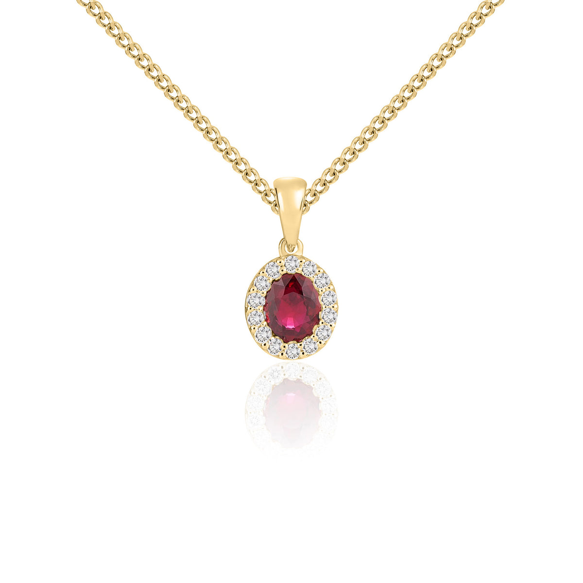 18ct Yellow Gold 5x4mm Oval Ruby & Diamond Microset Cluster Pendant