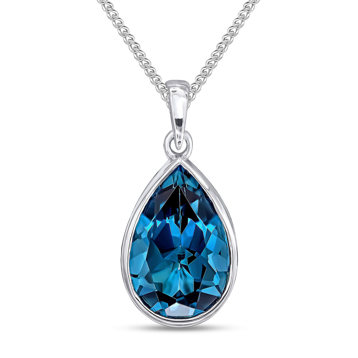 9ct White Gold 14x9 Pear Shape London Blue Topaz Rubover Pendant