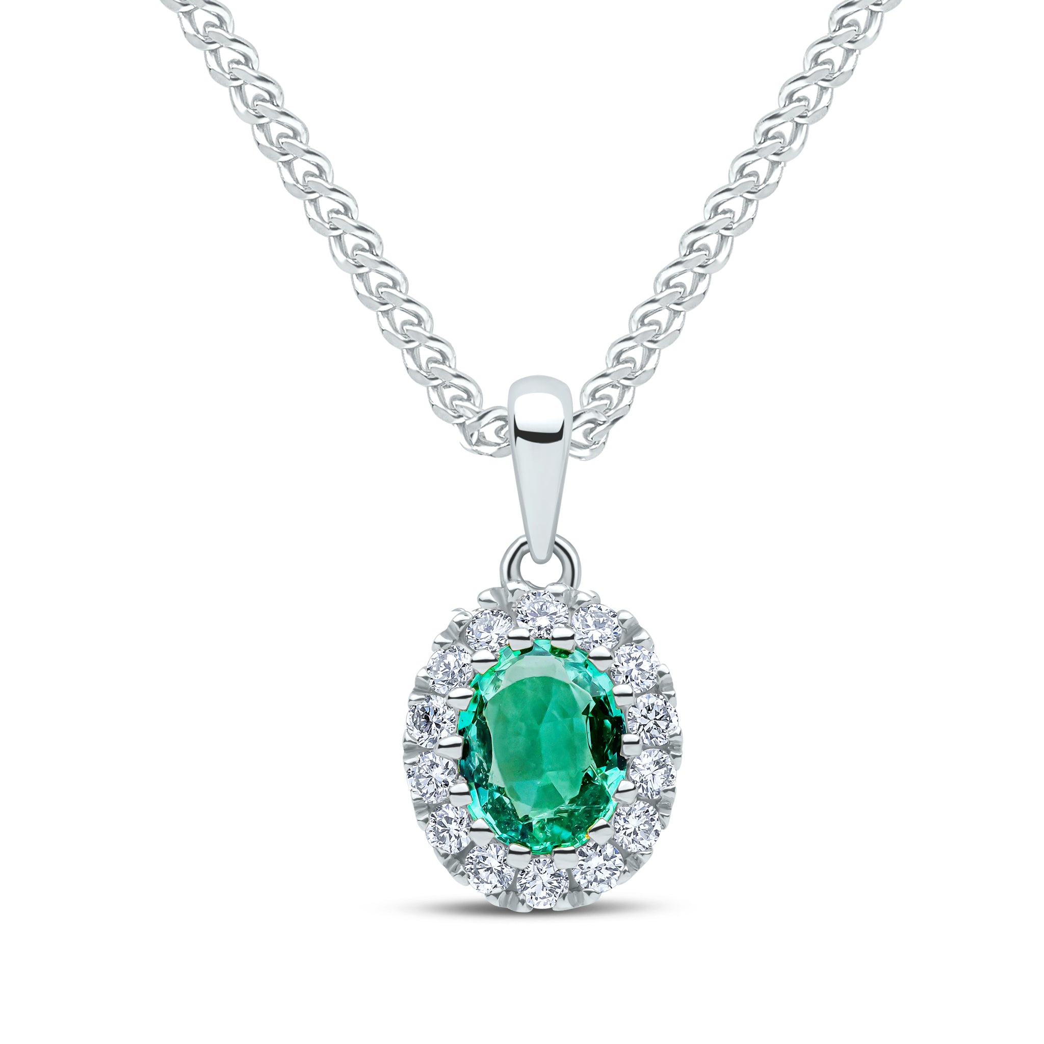 18ct White Gold 5x4 Oval Emerald & Diamond Claw Set Cluster Pendant