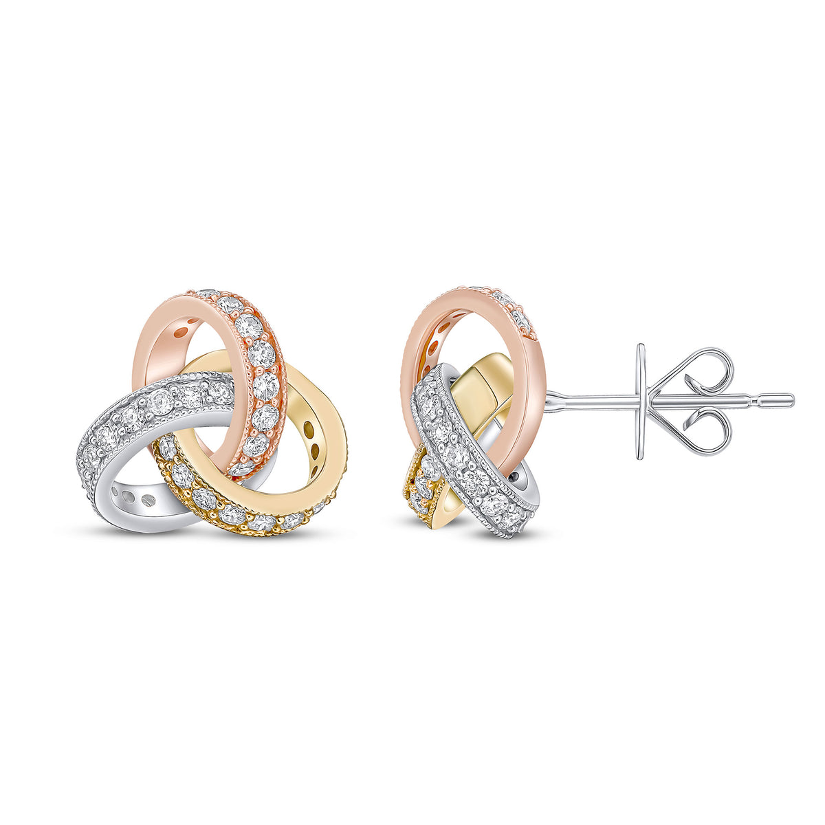 18ct Yellow White and Rose Gold Round Diamond Grain Set Knot Stud Earrings Large