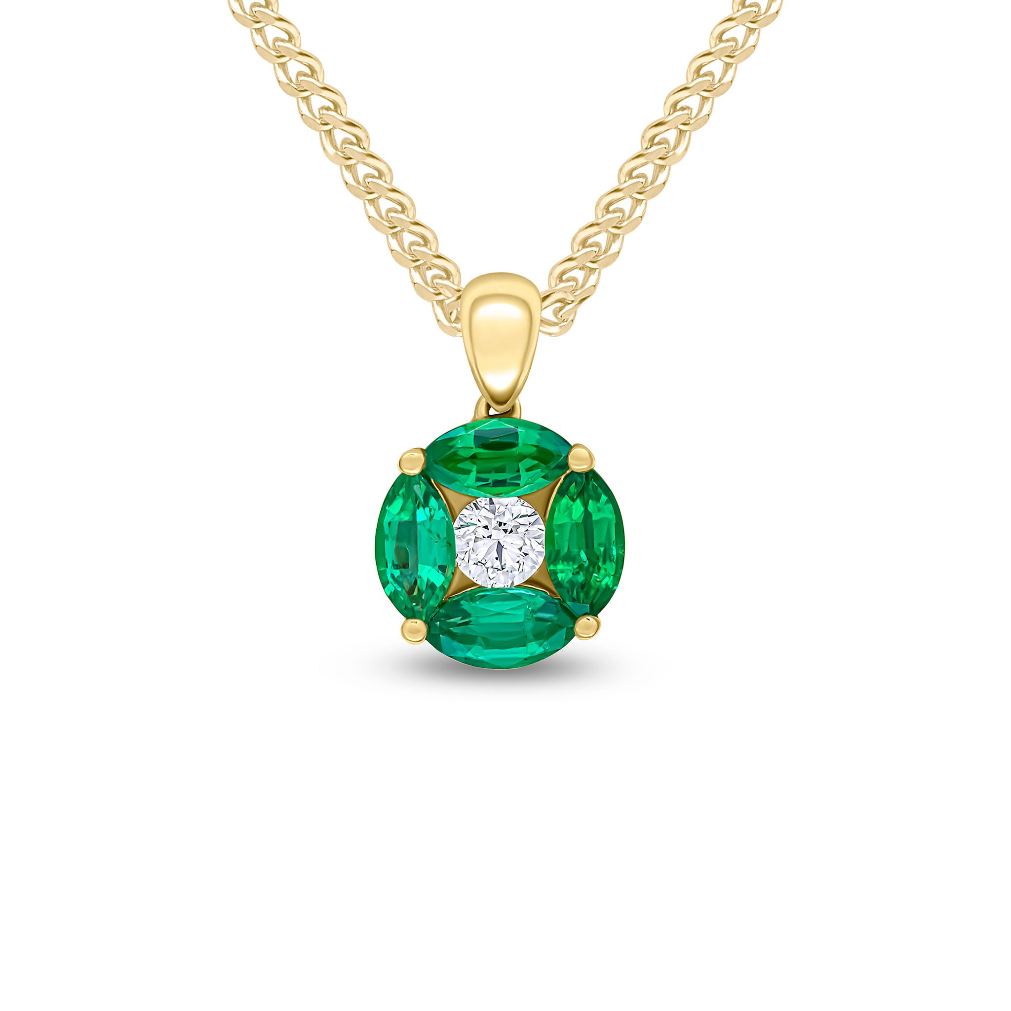 18ct Yellow Gold Marquise Emerald & Diamond Cluster Pendant