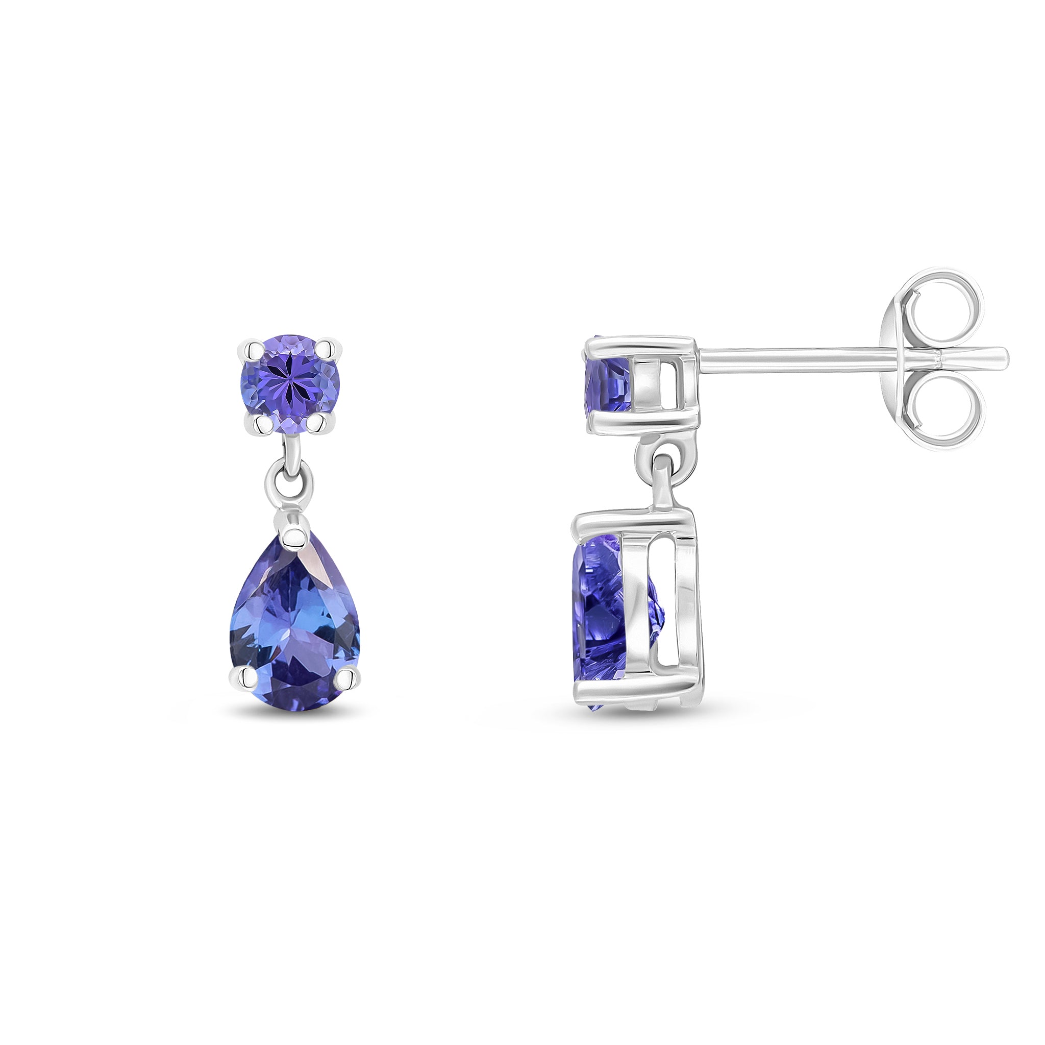 9ct White Gold Round and Pear Shape Tanzanite 2 Stone Claw Set Drop Earrings