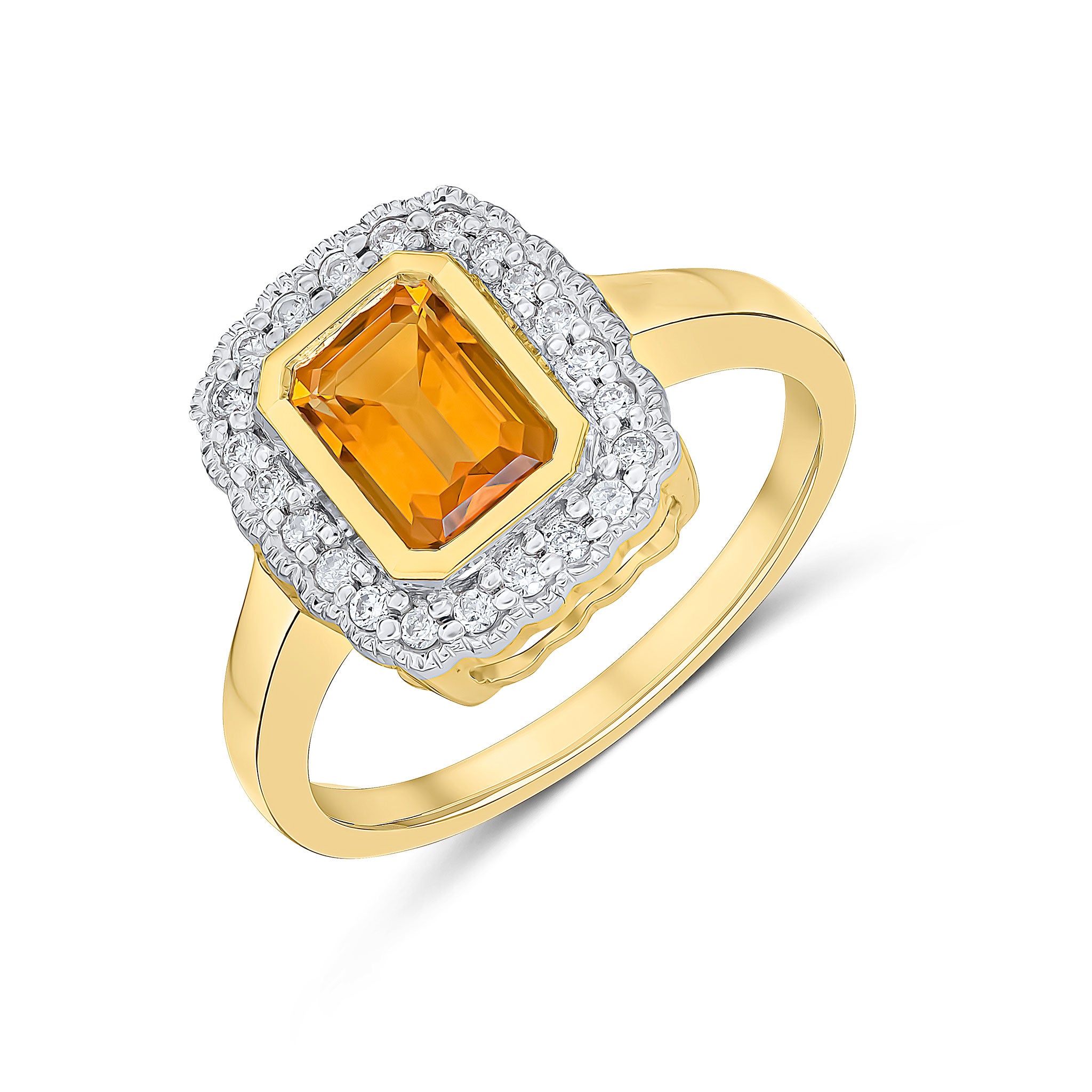 9ct Yellow Gold Rubover 7x5 Octagon Citrine and Diamond Cluster Ring with Milgrain Edge Rhodium to Diamonds