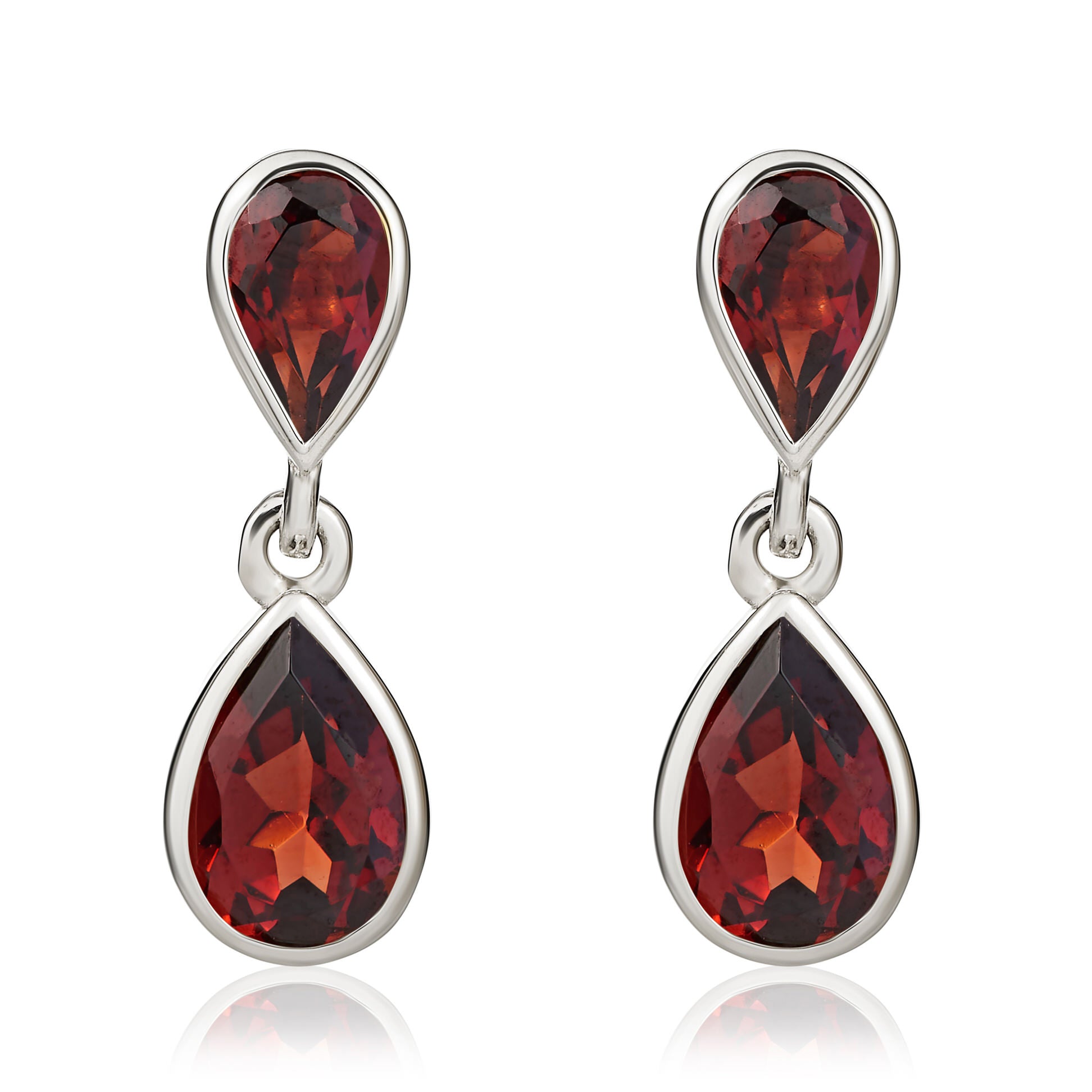 9ct White Gold Pear Shape Garnet Rubover 2 Stone Drop Earrings