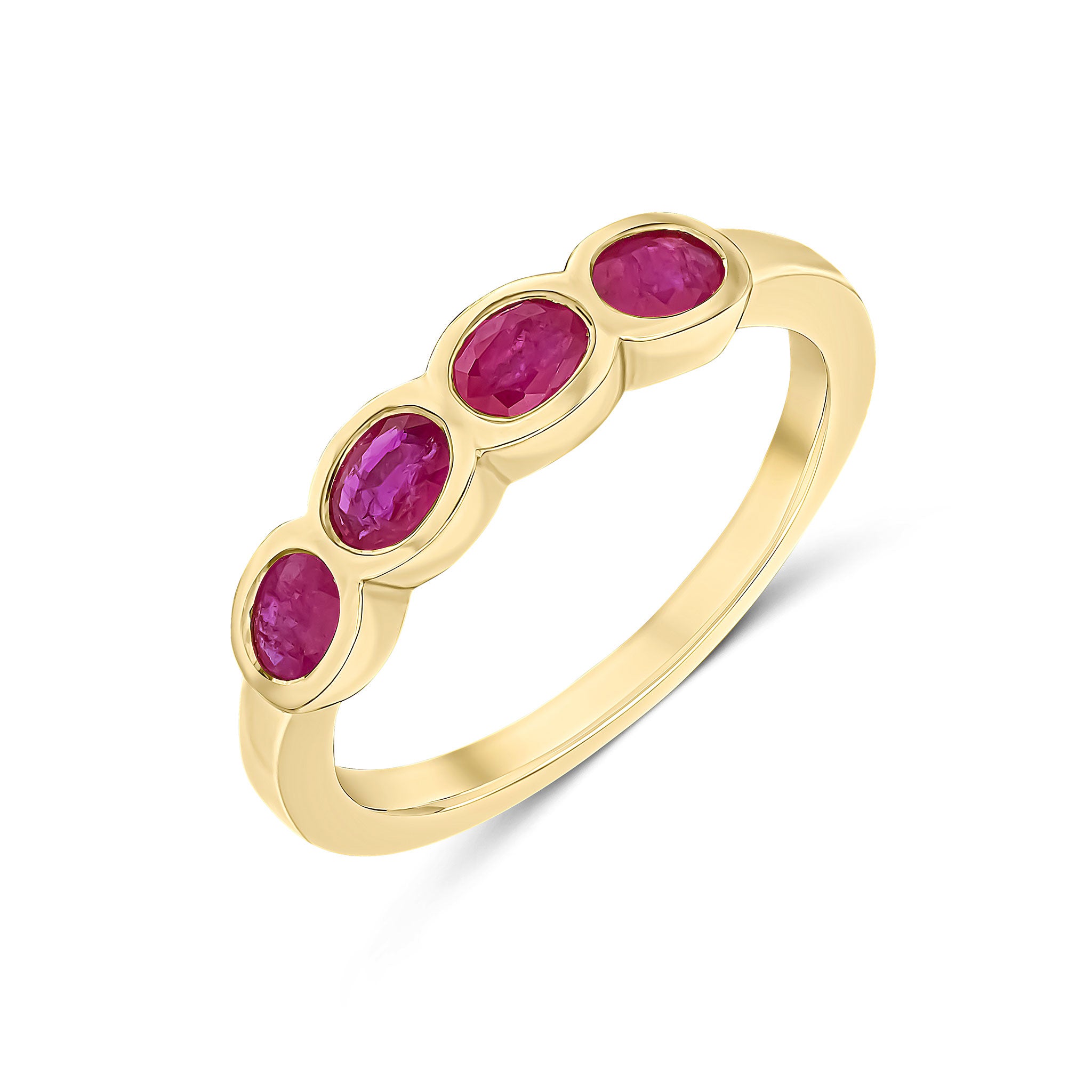 9ct Yellow Gold Oval Ruby 4 Stone Rubover Band Ring