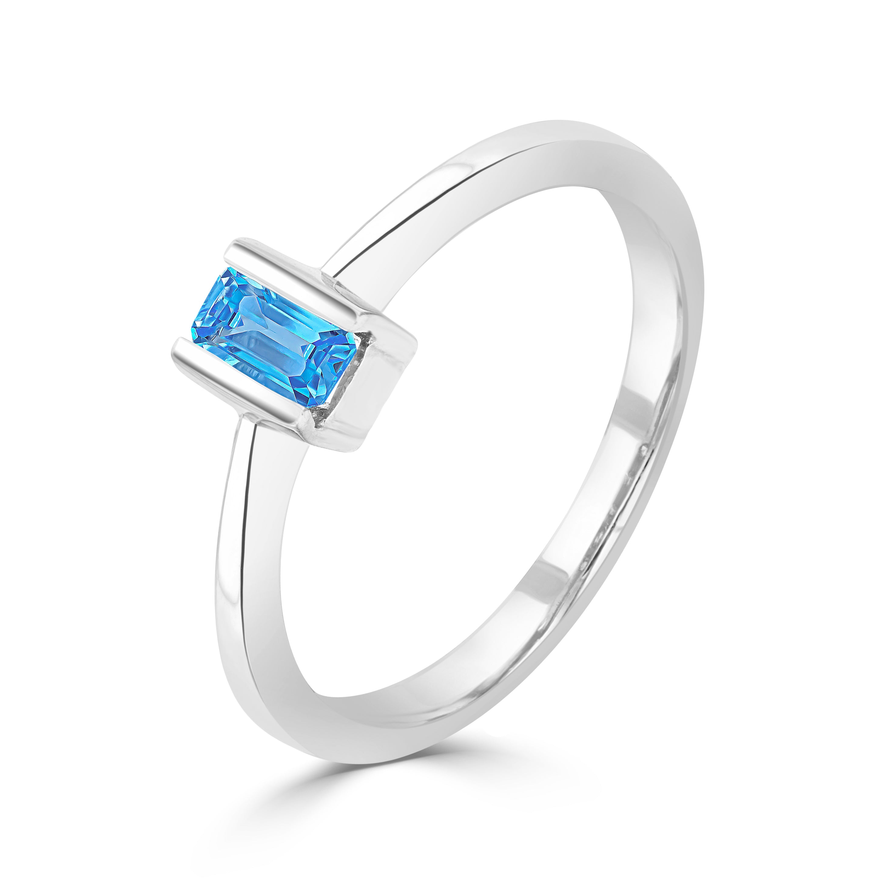 9ct White Gold 5x3mm Octagon Swiss Blue Topaz Bar Set Single Stone Ring