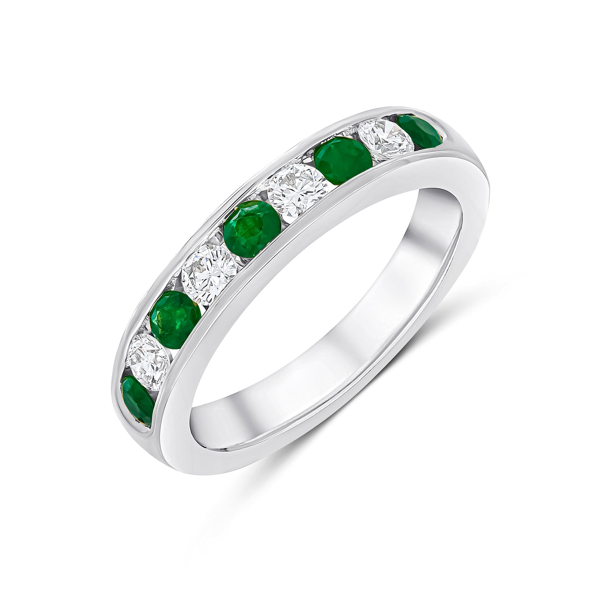 18ct White Gold Round Emerald and Diamond Channel Set 9 Stone Ring