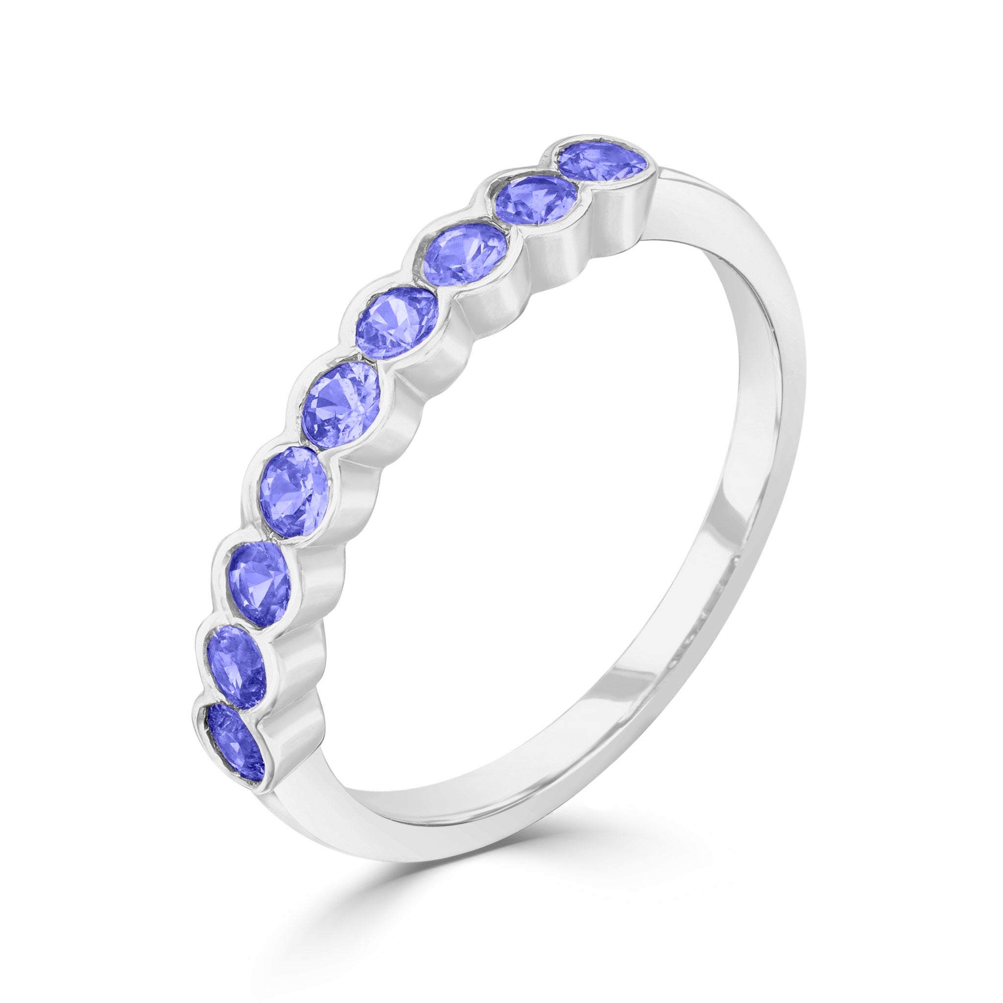 9ct White Gold Round Tanzanite 9 Stone Scalloped 1 2 Eternity Ring